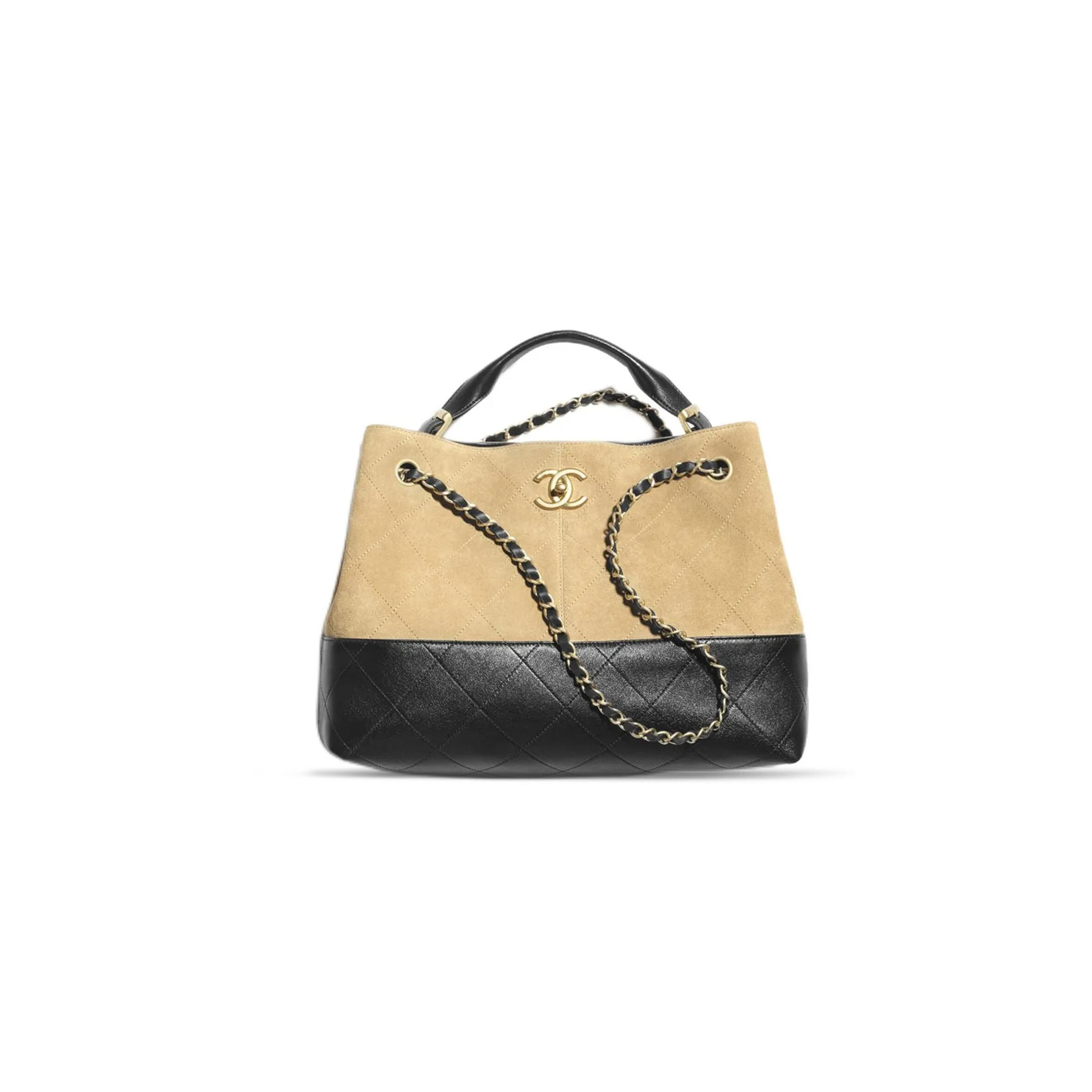 CHANEL SHOPPING BAG SUEDE CALFSKIN, SHINY LAMBSKIN & GOLD-TONE METAL BEIGE & BLACK AS5634 (36*24*12cm)