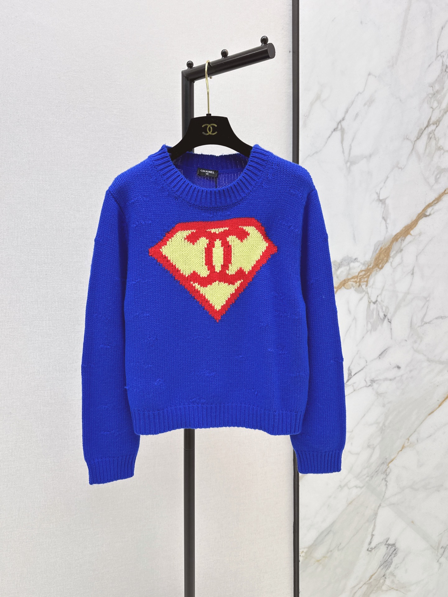 CHANEL Klein Blue Superman Shield Interlocking CC Jacquard Distressed Knit Sweater - Image 2