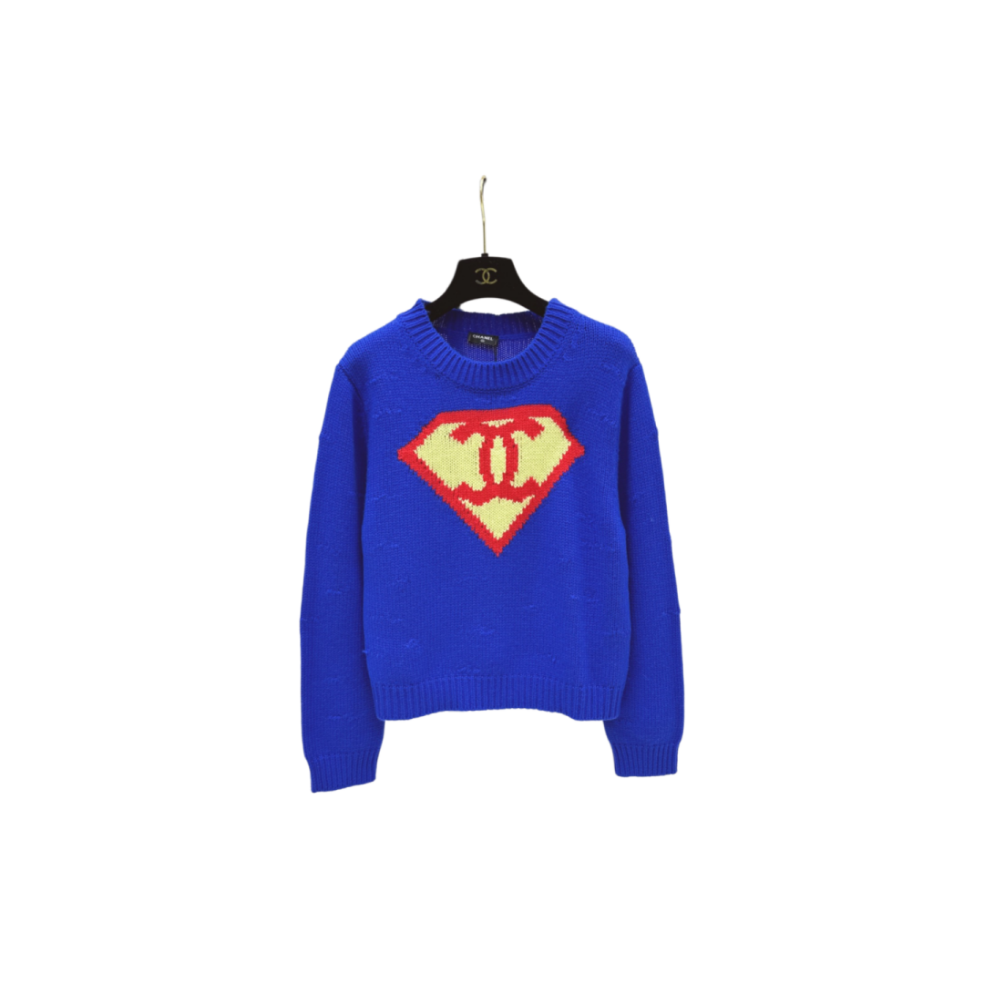 CHANEL Klein Blue Superman Shield Interlocking CC Jacquard Distressed Knit Sweater