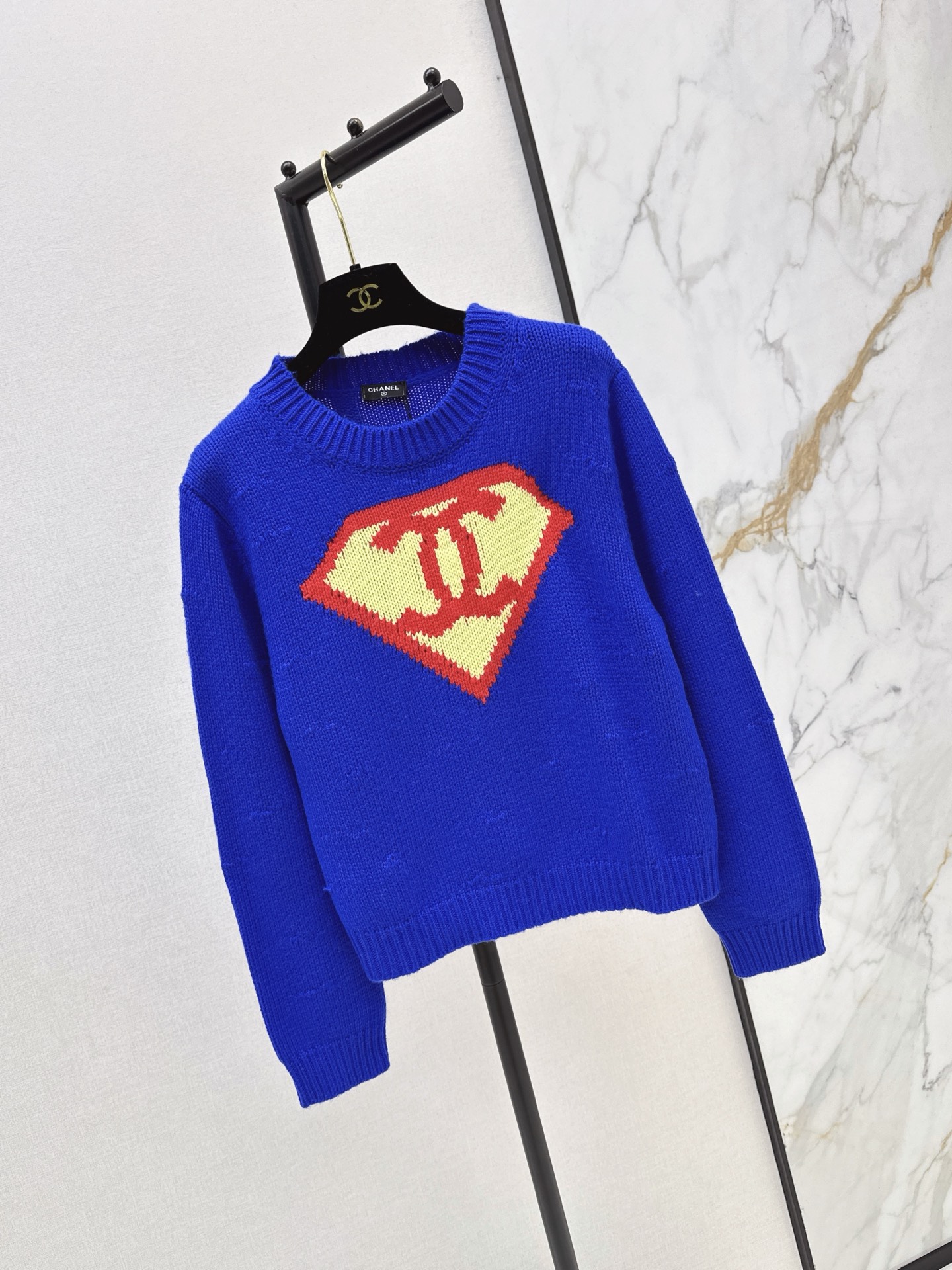 CHANEL Klein Blue Superman Shield Interlocking CC Jacquard Distressed Knit Sweater - Image 10