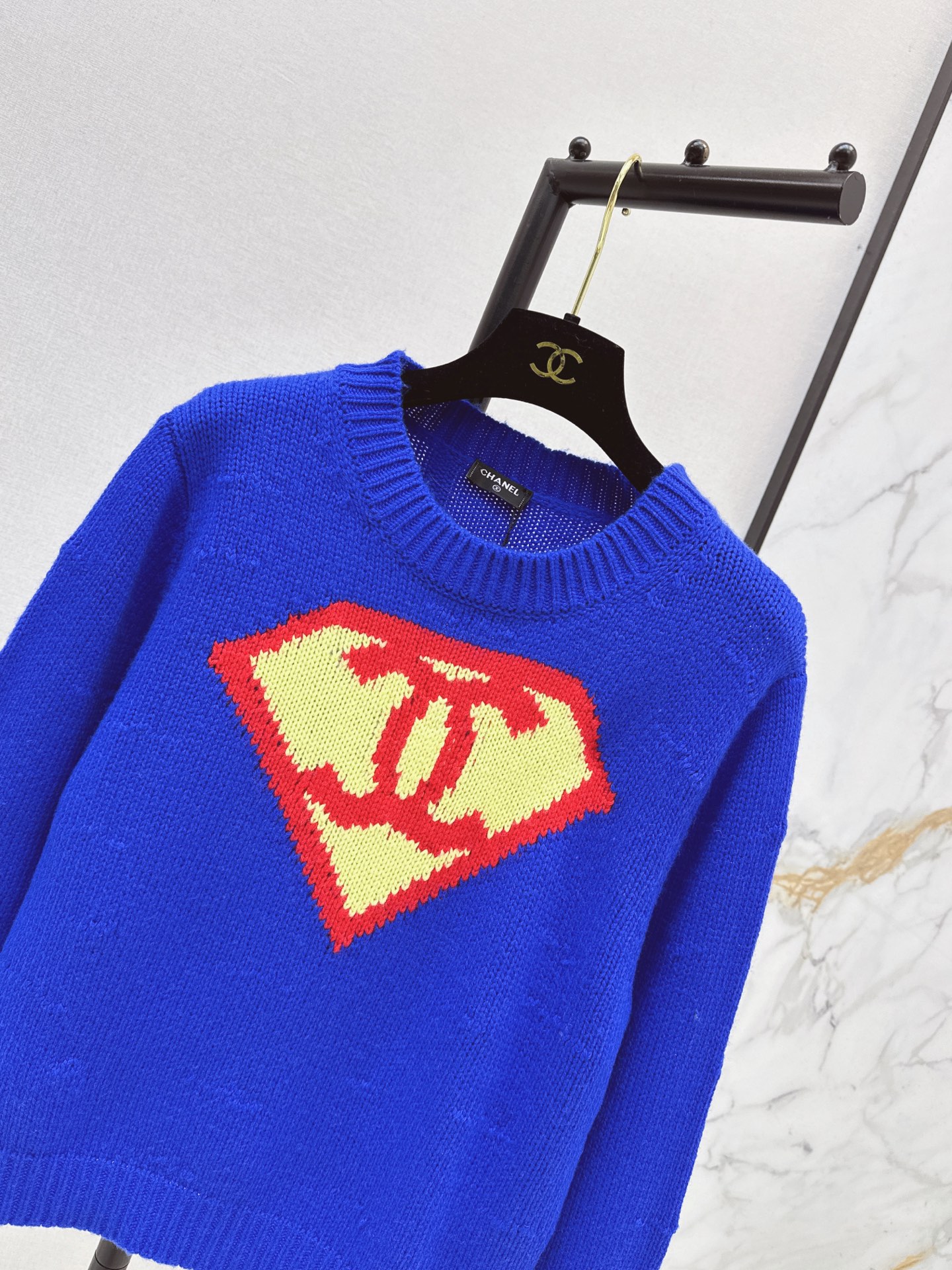 CHANEL Klein Blue Superman Shield Interlocking CC Jacquard Distressed Knit Sweater - Image 9
