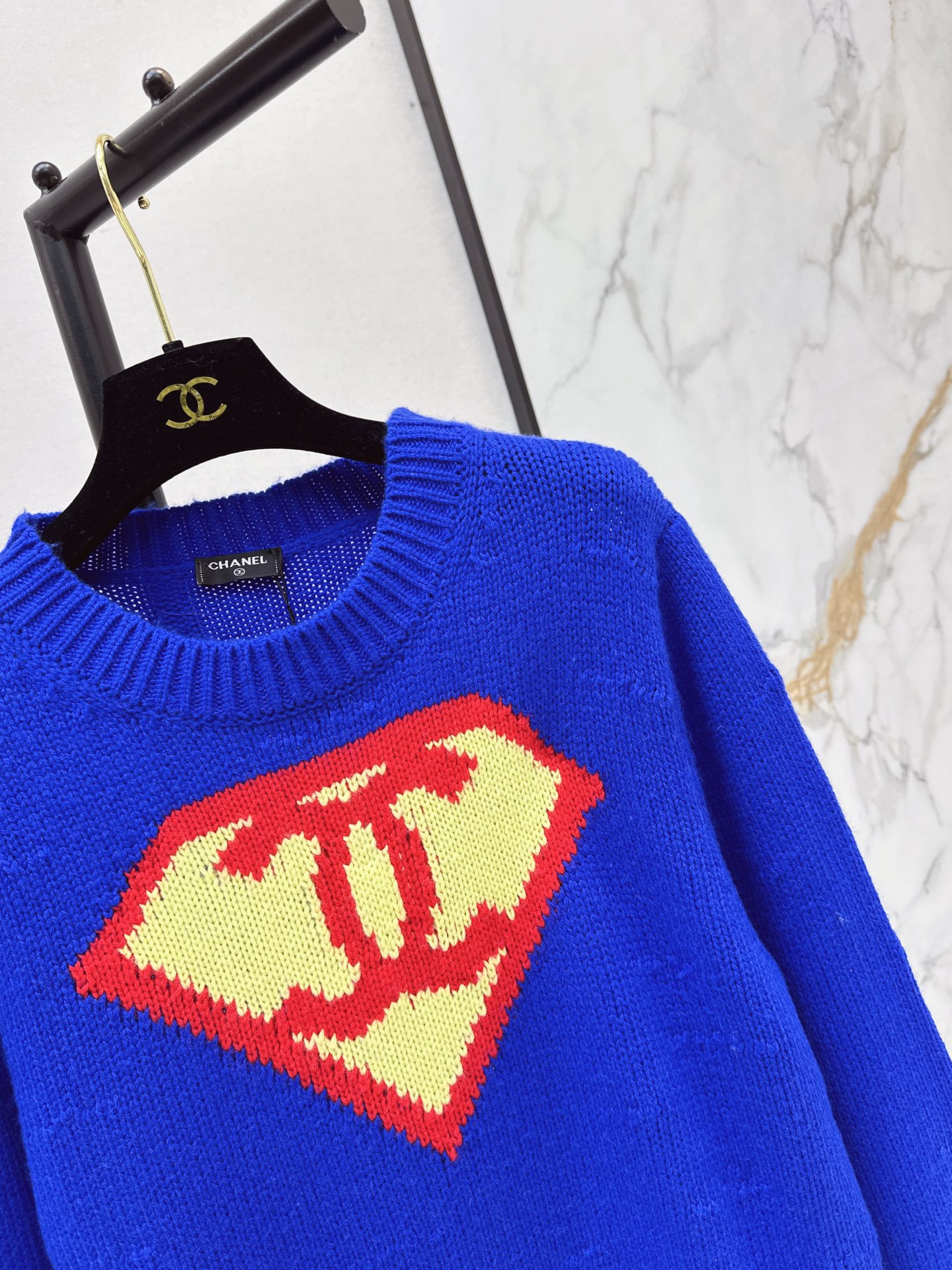 CHANEL Klein Blue Superman Shield Interlocking CC Jacquard Distressed Knit Sweater - Image 8