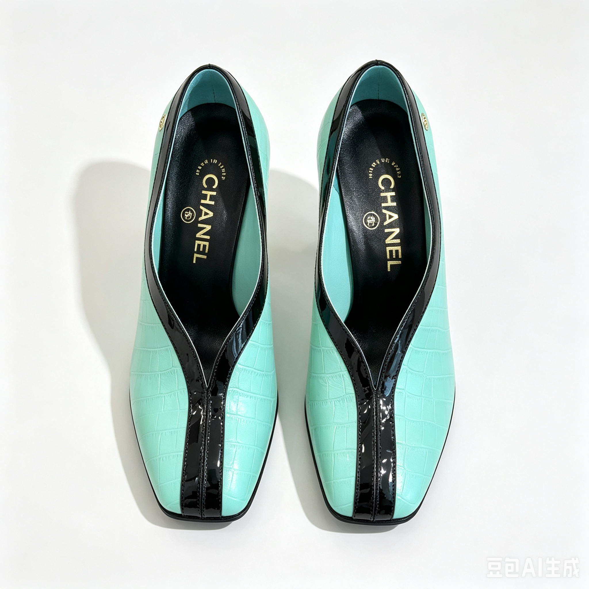 CHANEL Mint Green Croc Embossed High Heels Two-Tone Patent Leather Pumps