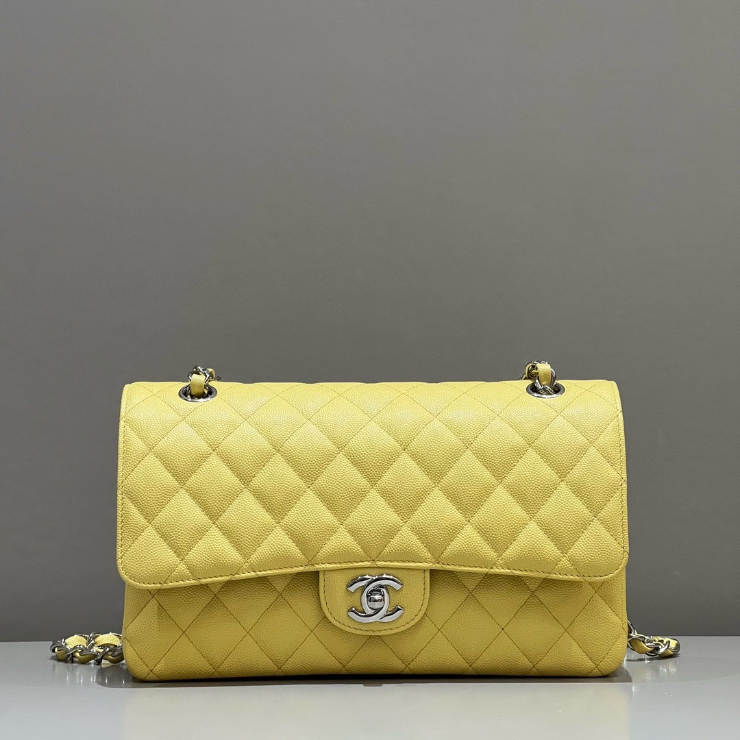 CHANEL CLASSIC HANDBAG GRAINED CALFSKIN SILVER - TONE METAL Yellow 6×9.9×2.5in - Image 2