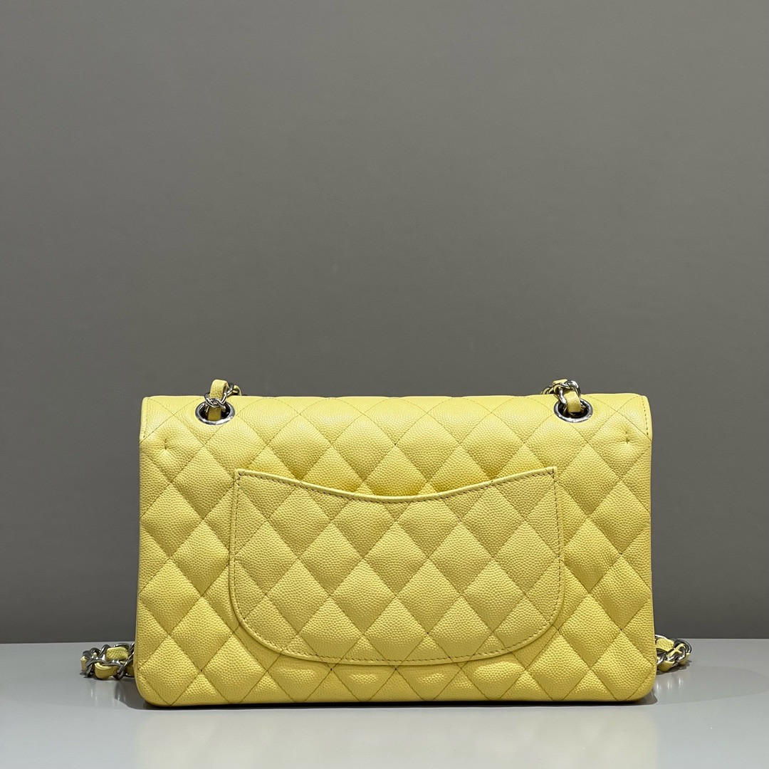 CHANEL CLASSIC HANDBAG GRAINED CALFSKIN SILVER - TONE METAL Yellow 6×9.9×2.5in - Image 3