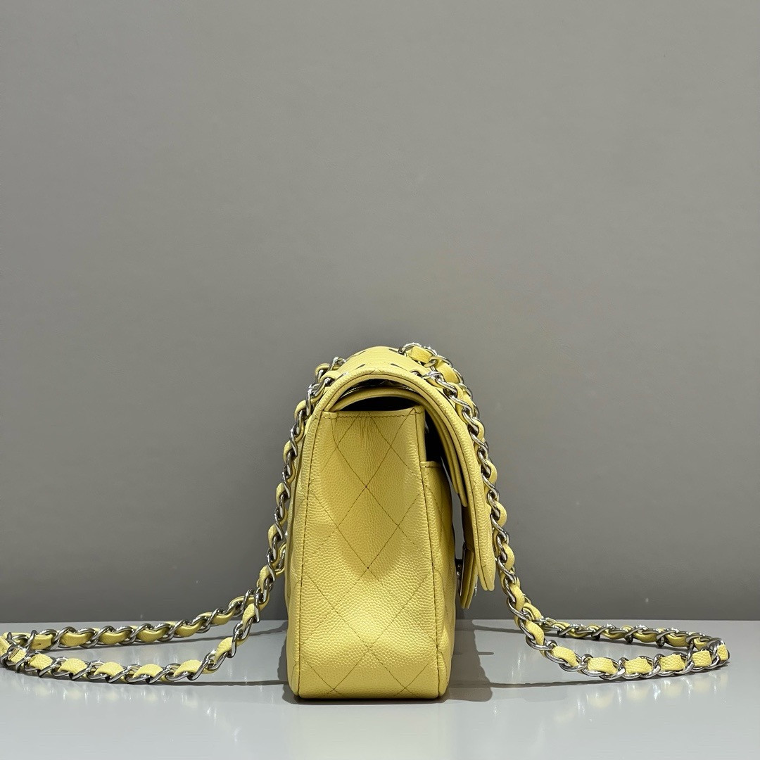 CHANEL CLASSIC HANDBAG GRAINED CALFSKIN SILVER - TONE METAL Yellow 6×9.9×2.5in - Image 4