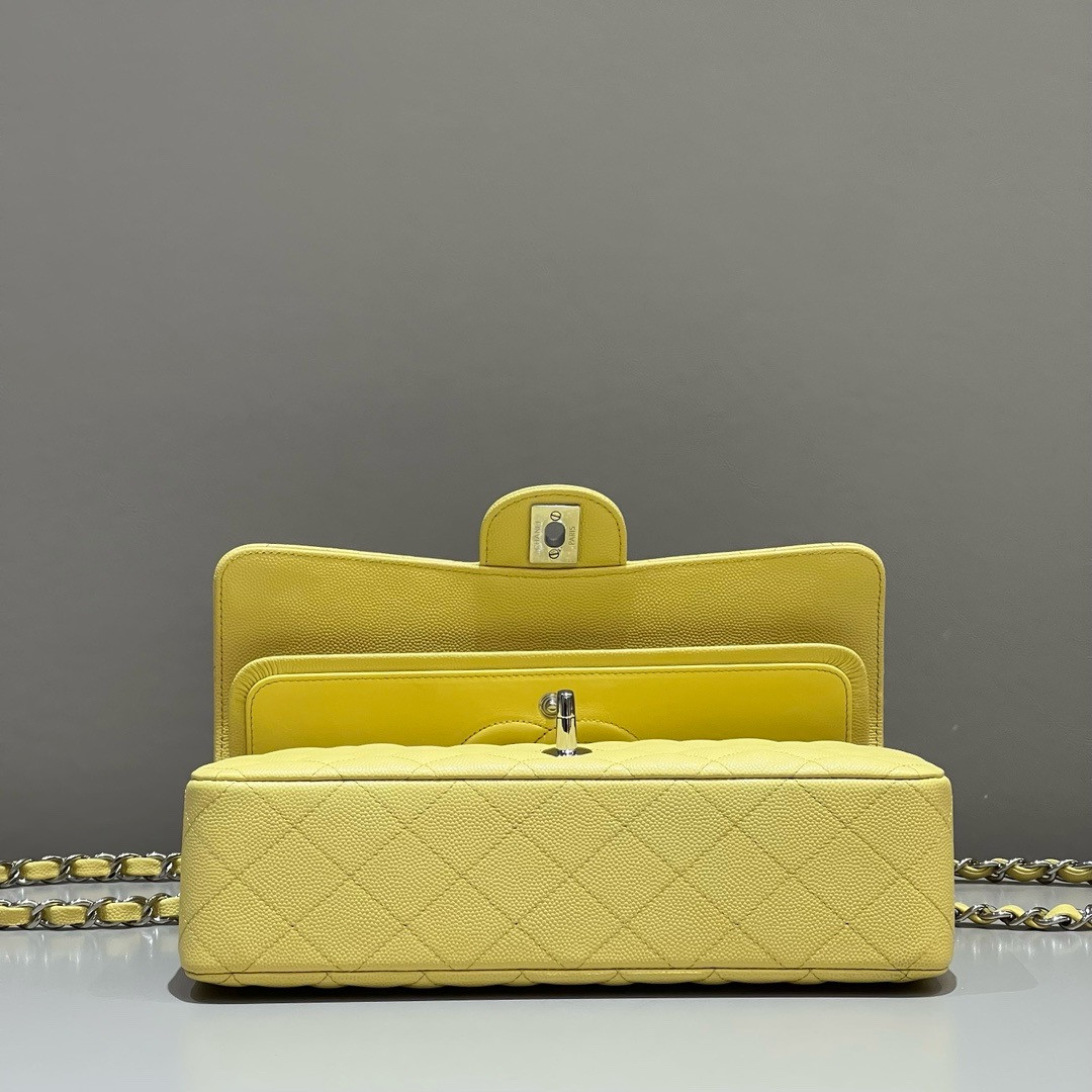 CHANEL CLASSIC HANDBAG GRAINED CALFSKIN SILVER - TONE METAL Yellow 6×9.9×2.5in - Image 5