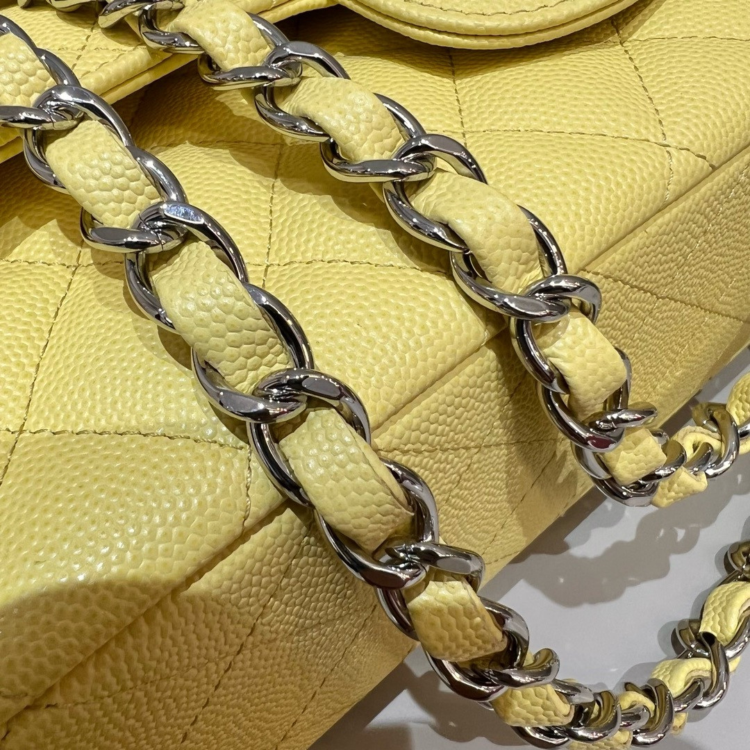 CHANEL CLASSIC HANDBAG GRAINED CALFSKIN SILVER - TONE METAL Yellow 6×9.9×2.5in - Image 7