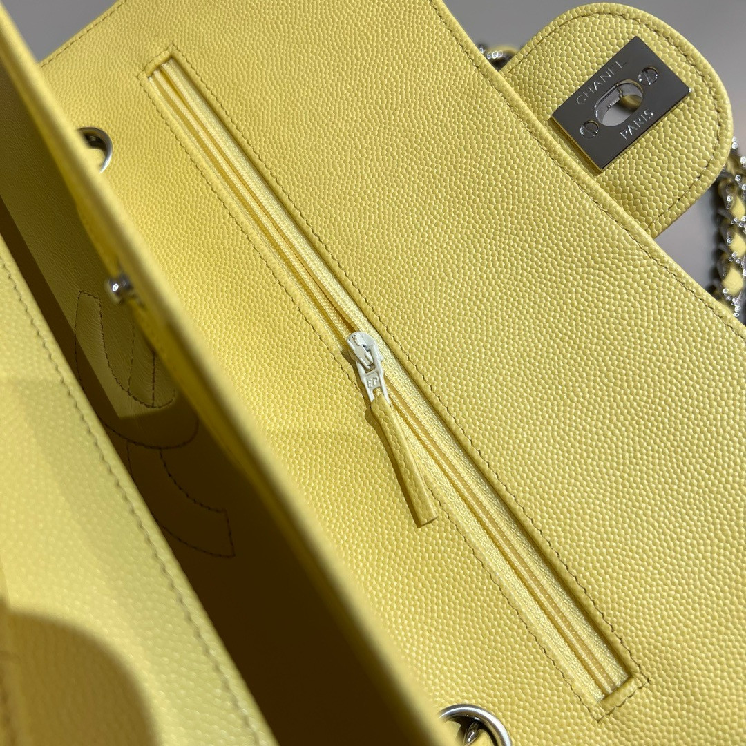 CHANEL CLASSIC HANDBAG GRAINED CALFSKIN SILVER - TONE METAL Yellow 6×9.9×2.5in - Image 8