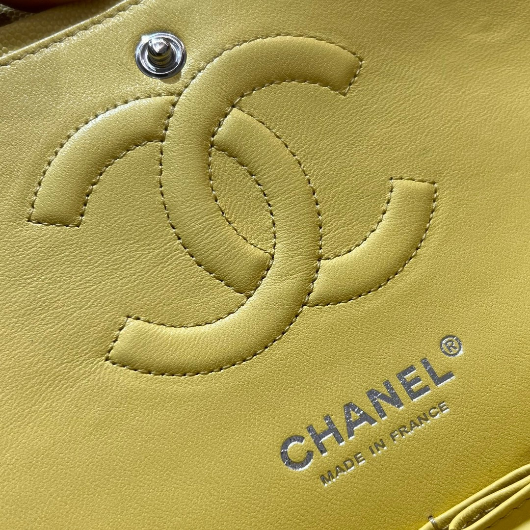 CHANEL CLASSIC HANDBAG GRAINED CALFSKIN SILVER - TONE METAL Yellow 6×9.9×2.5in - Image 9