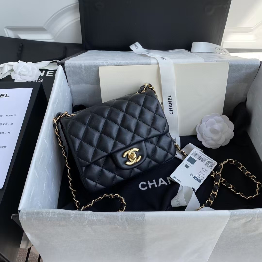 Chanel Mini Classic Handbag Lambskin Gold-Tone Metal Black 5.3 × 6.6 × 3.1 in - Image 2