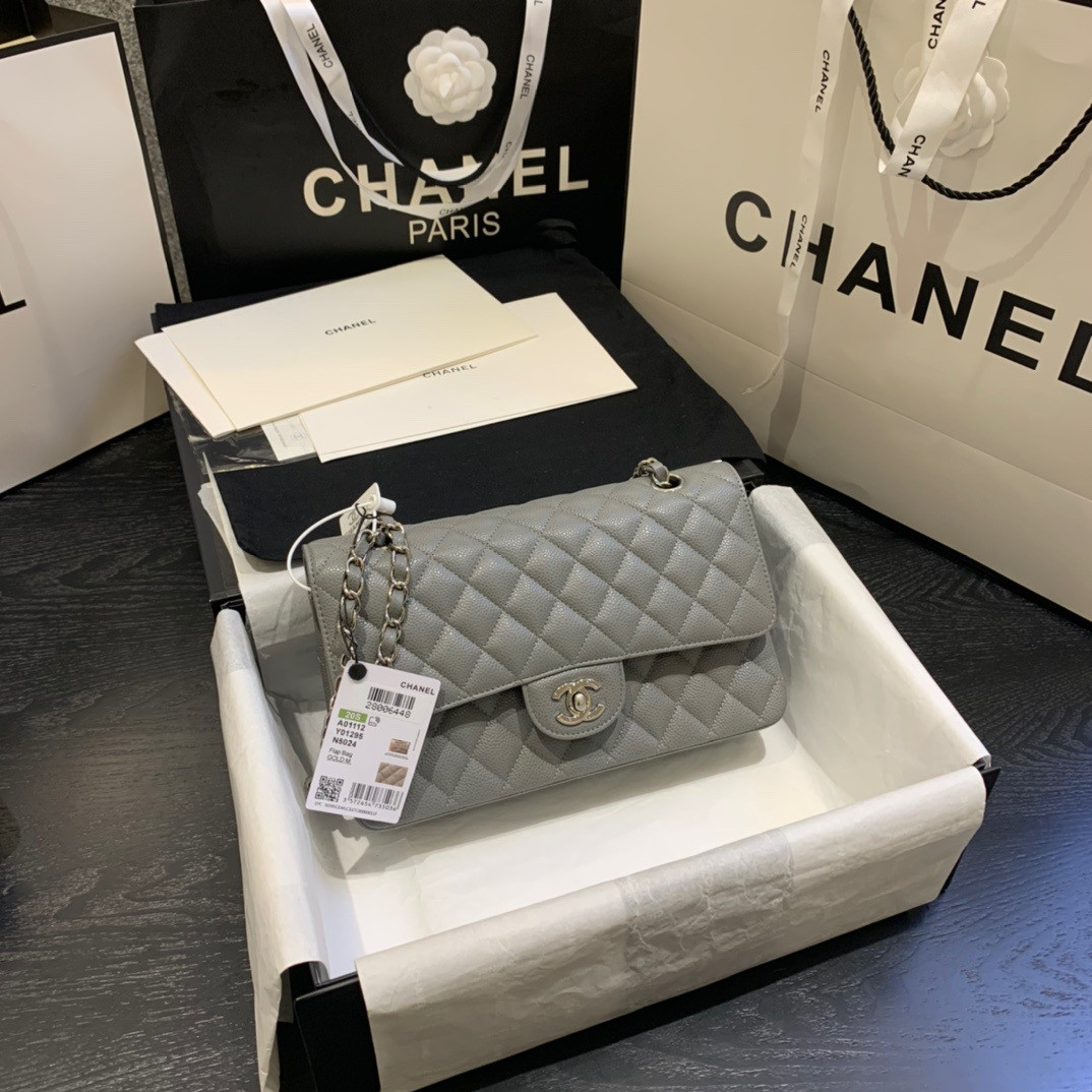 CHANEL Classic Handbag in Grained Litchi Pattern Calfskin Silver-Tone Metal, Gray 6 × 9.9 × 2.5 inches