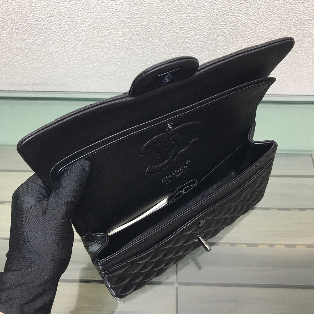 CHANEL CRUMPLED CALFSKIN QUITED DOUBLE FLAP BLACK 15.5x25.5x6.5cm - Image 8