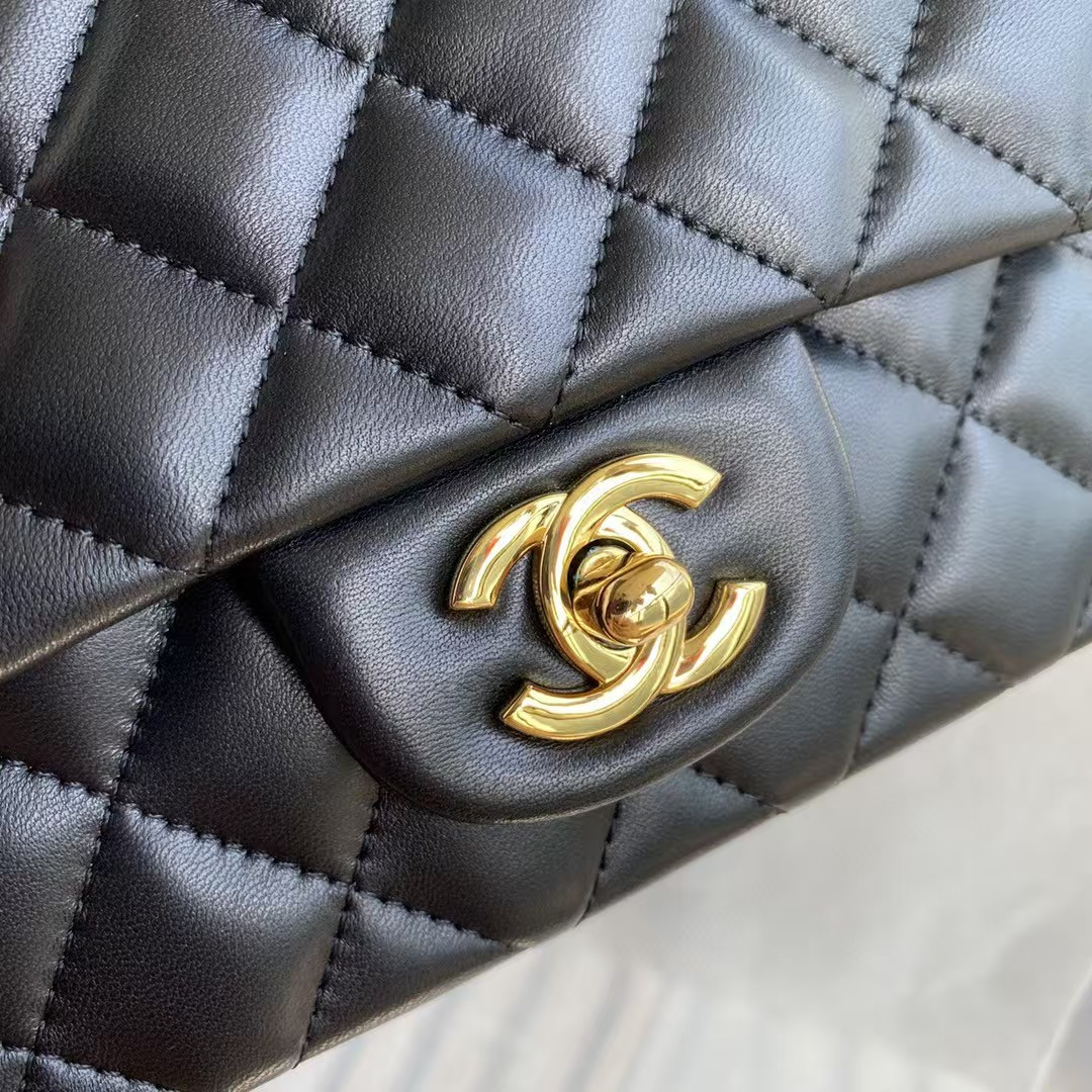 Chanel Mini Classic Handbag Lambskin Gold-Tone Metal Black 5.3 × 6.6 × 3.1 in - Image 7
