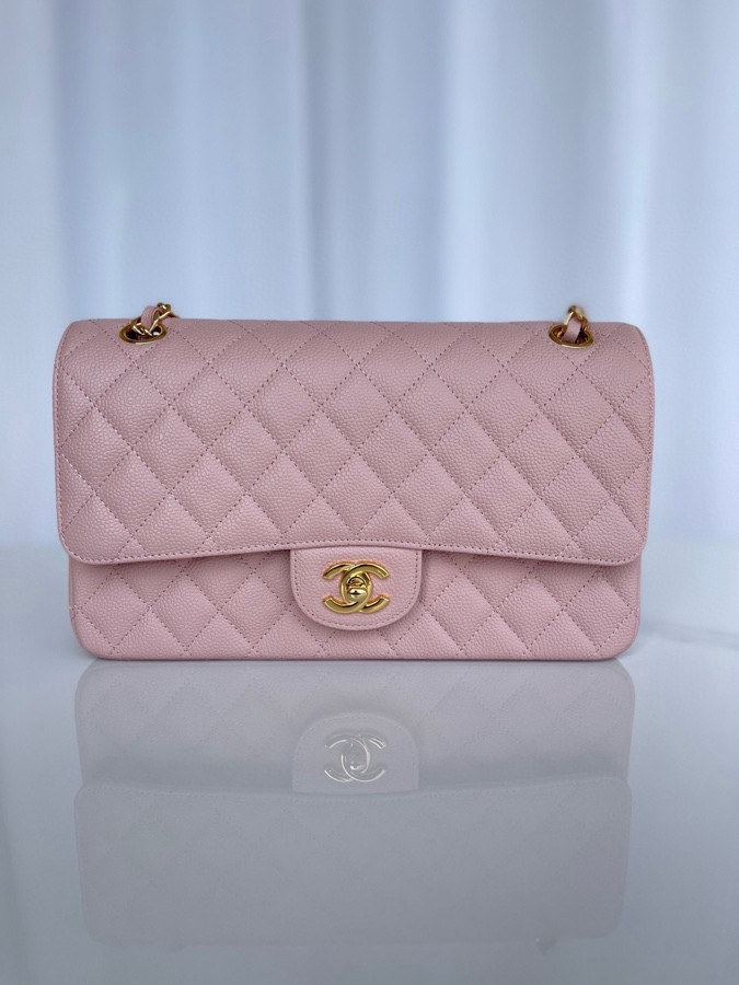 CHANEL CLASSIC HANDBAG GRAINED CALFSKIN GOLD-TONE METAL PINK 6 × 9.9 × 2.5 in