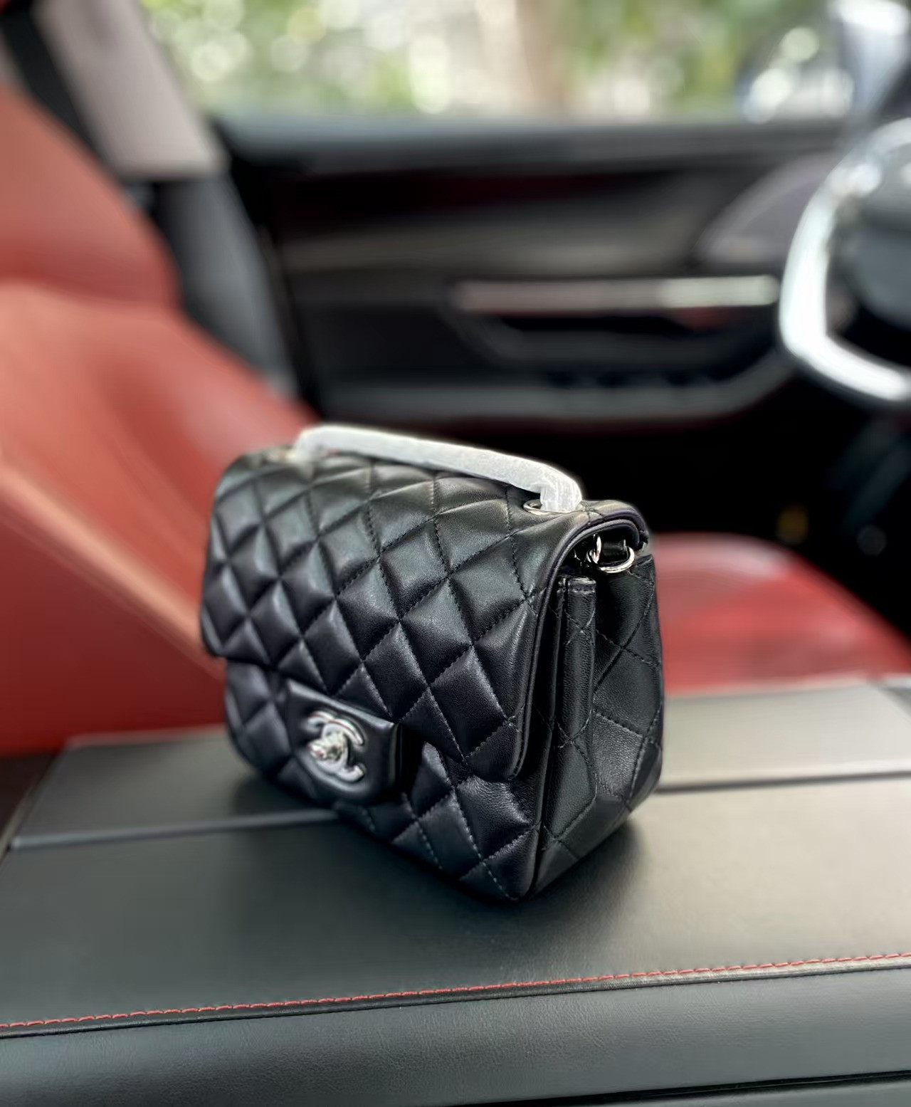 Chanel Mini Classic Handbag Lambskin Silver-Tone Metal Black 13.5x 17x8cm - Image 4