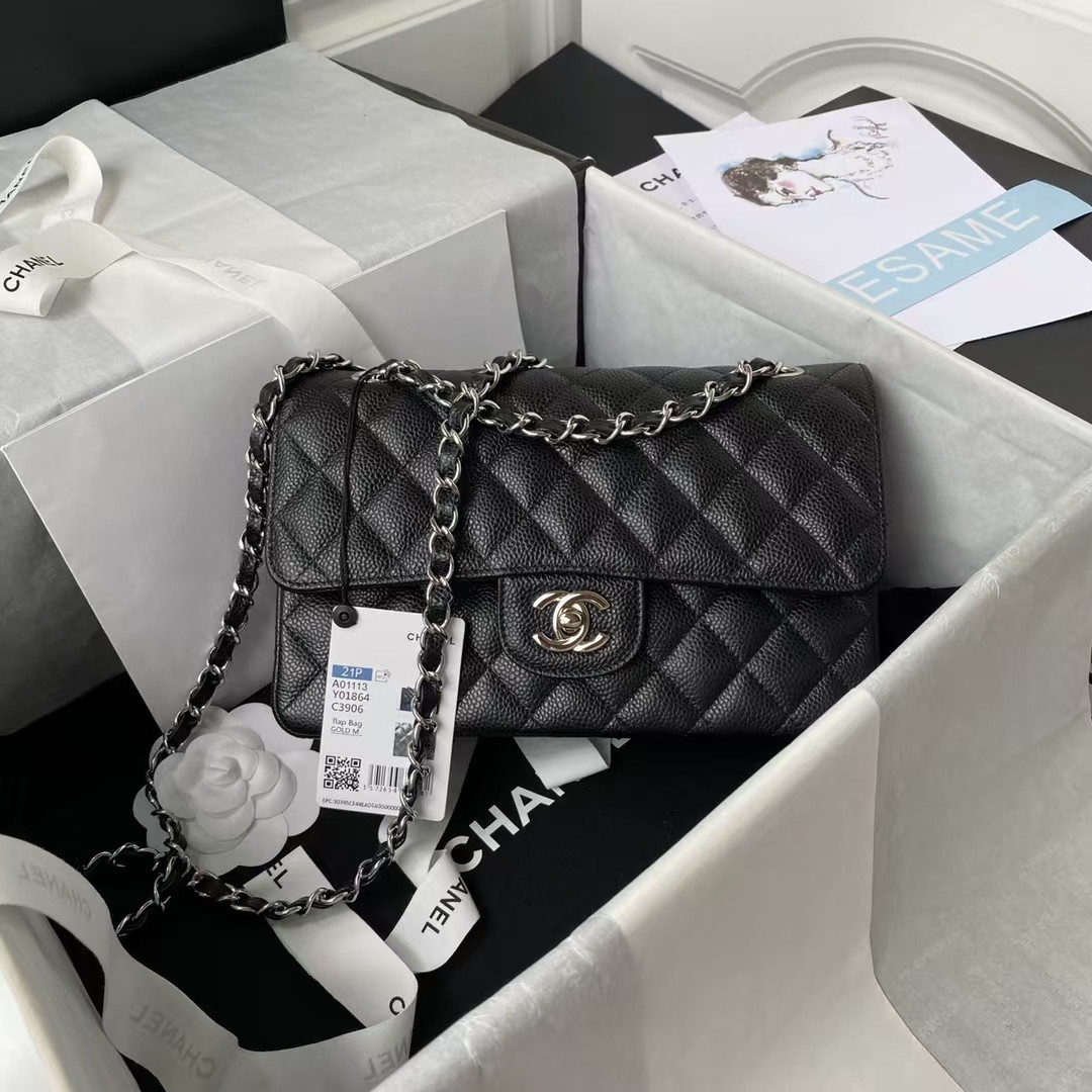 CHANEL SMALL CLASSIC HANDBAG Grained Calfskin Silver-Tone Metal Black 5.7 × 9 × 2.3 in