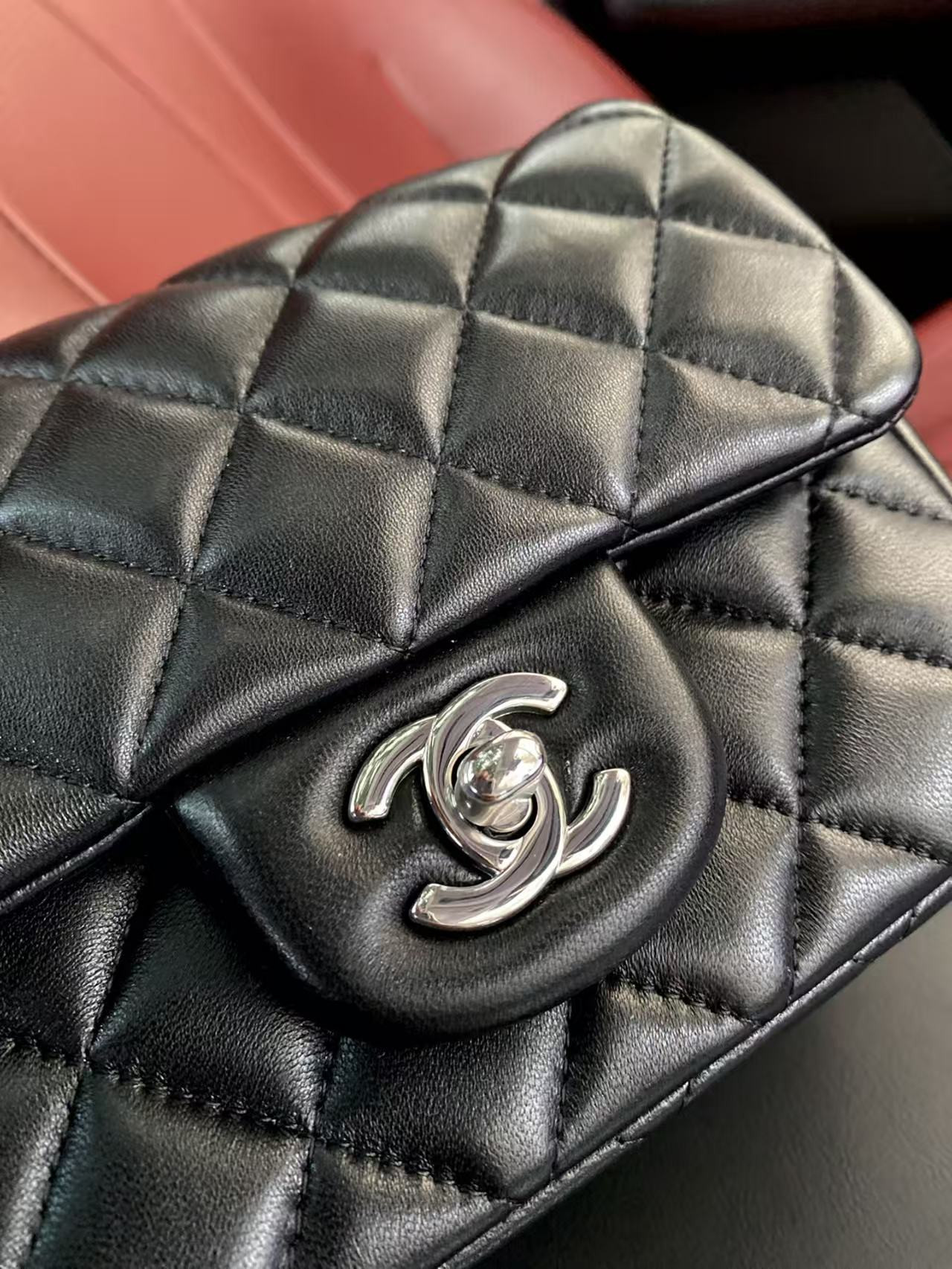 Chanel Mini Classic Handbag Lambskin Silver-Tone Metal Black 13.5x 17x8cm - Image 8