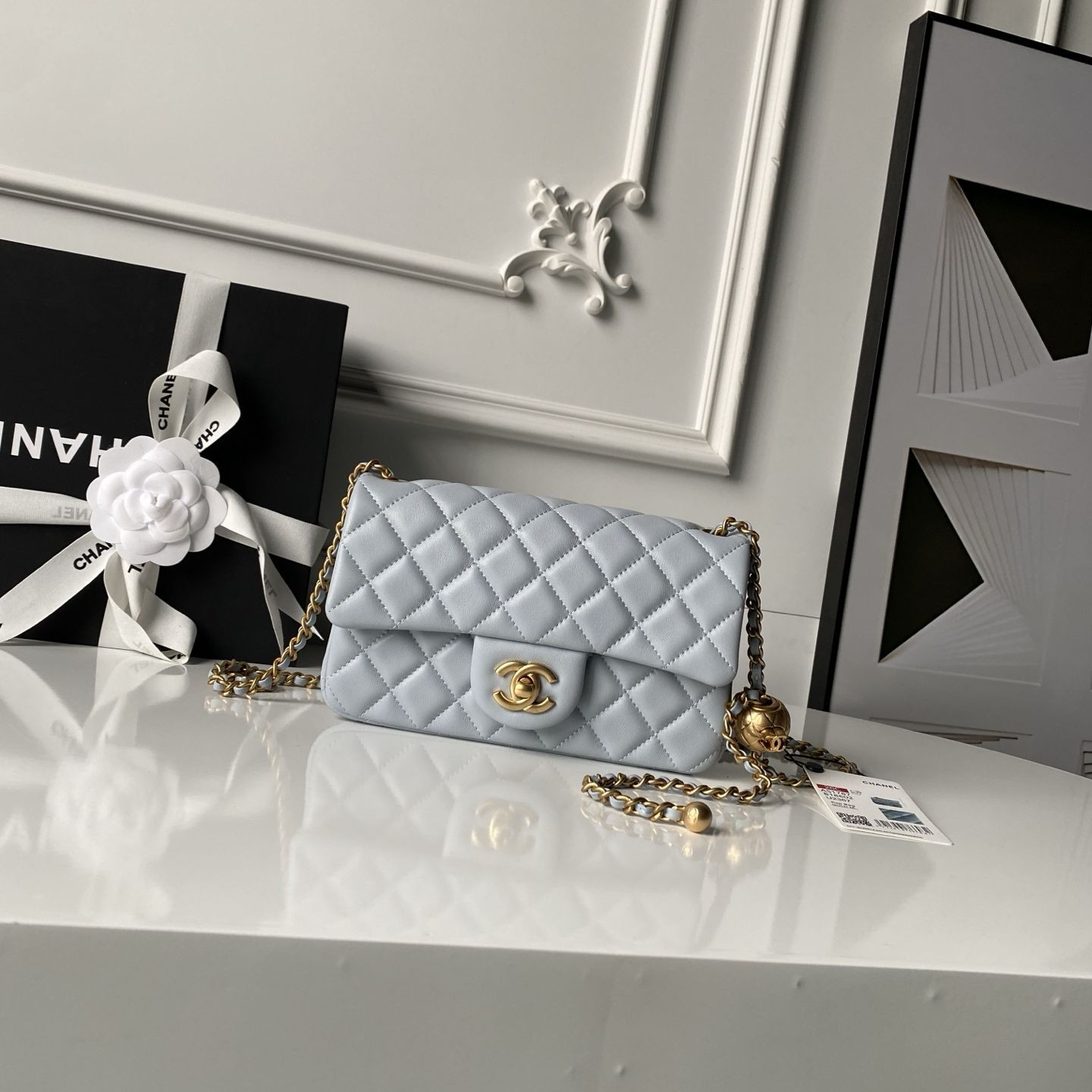 CHANEL MINI FLAP BAG SHINY CALFSKIN gold-TONE METAL gray 4.7 × 7.8 × 2.3 in