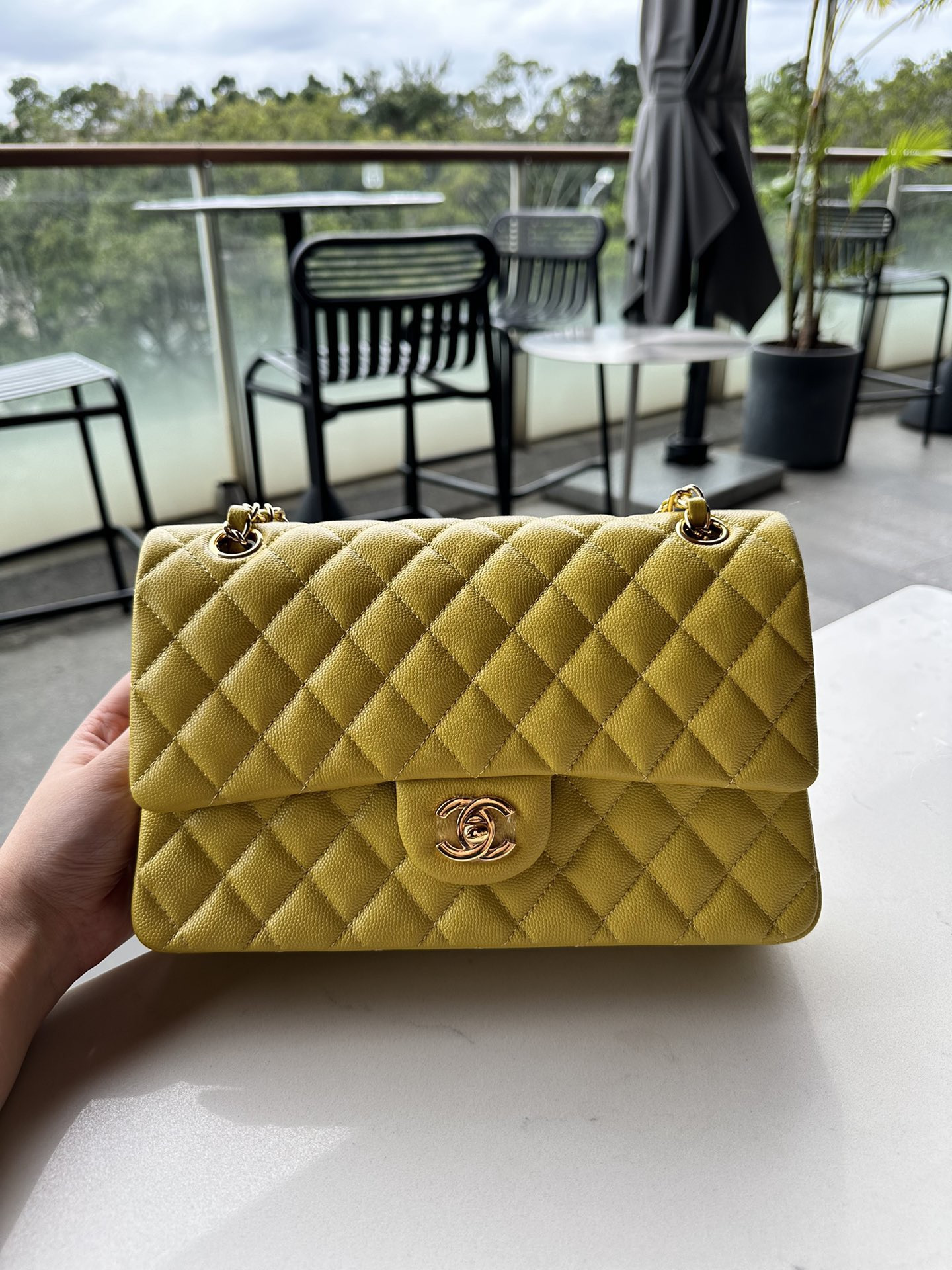 CHANEL CLASSIC HANDBAG GRAINED CALFSKIN GOLD-TONE METAL yellow 6 × 9.9 × 2.5 in 15.5 × 25.5 × 6.5 cm