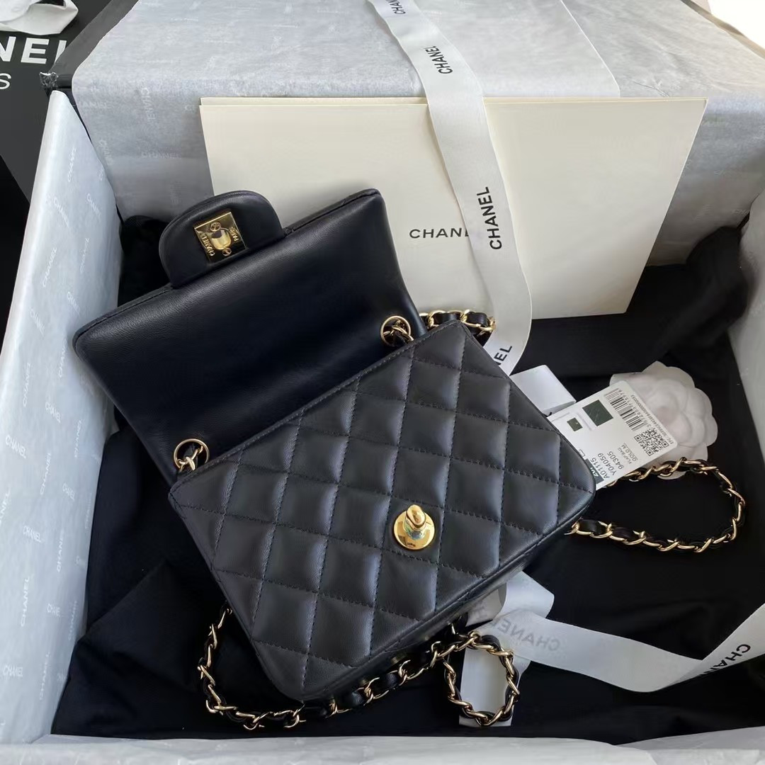 Chanel Mini Classic Handbag Lambskin Gold-Tone Metal Black 5.3 × 6.6 × 3.1 in - Image 8