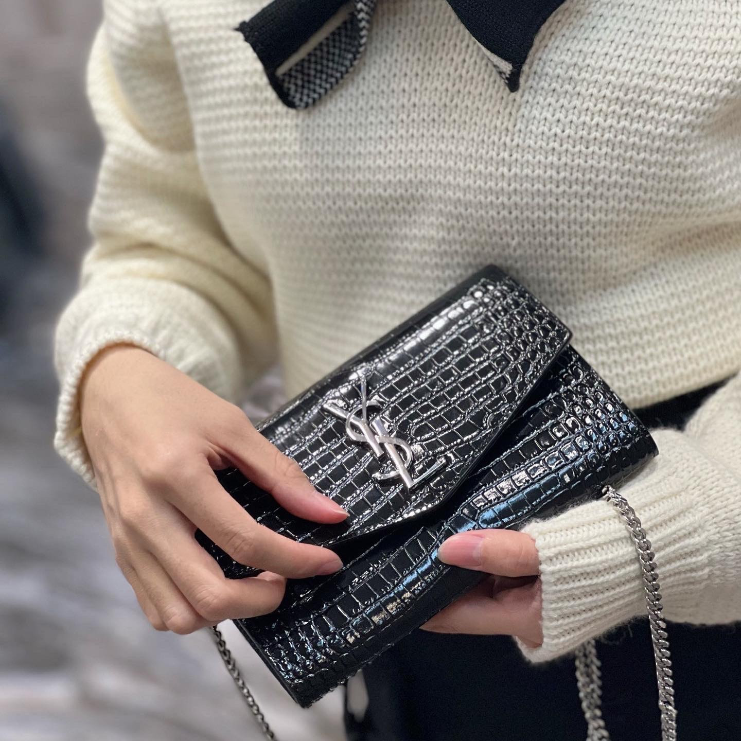 UPTOWN CHAIN WALLET IN CROCODILE-EMBOSSED SHINY LEATHER - Handbags - YSL - Luxury Brands Bags - Image 2