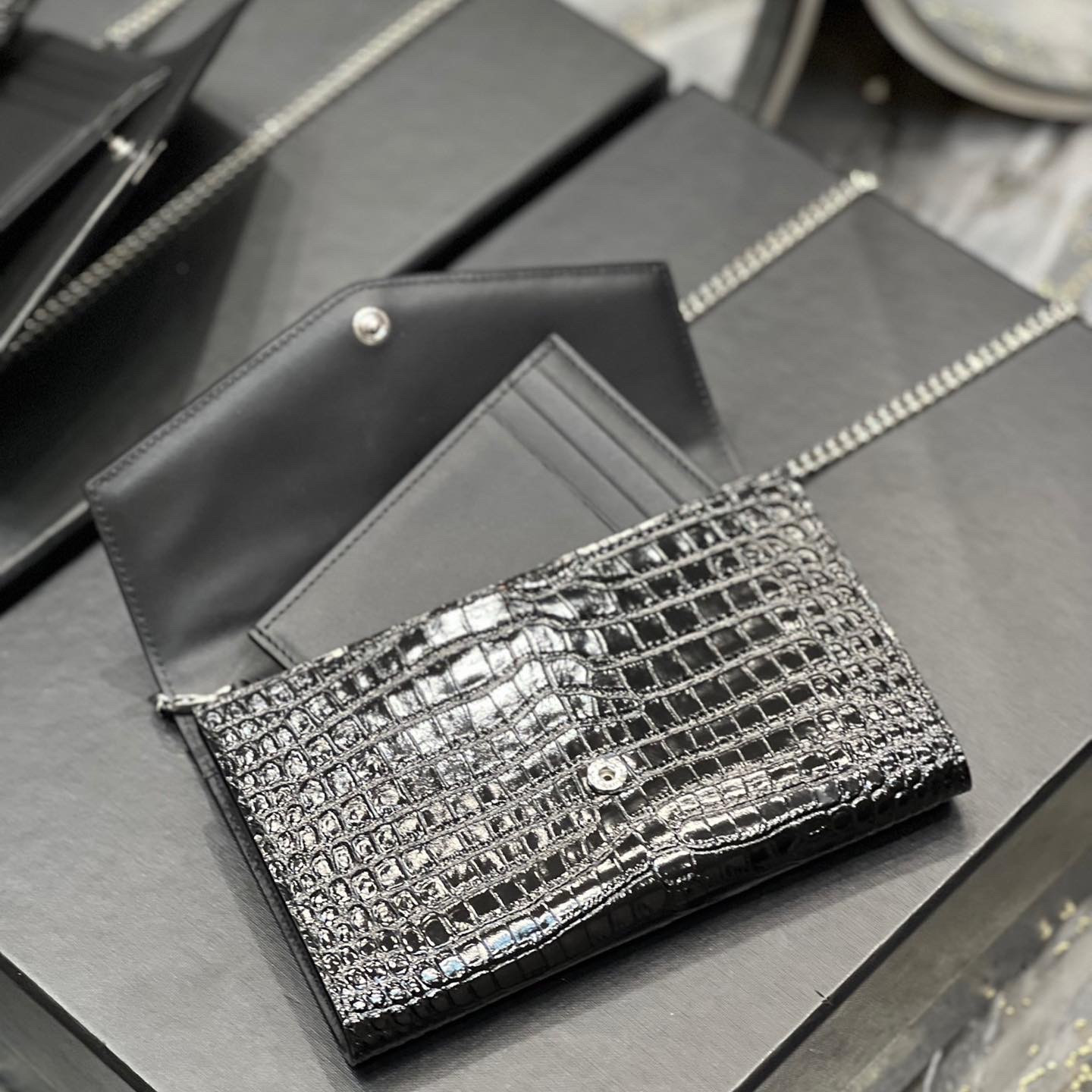 UPTOWN CHAIN WALLET IN CROCODILE-EMBOSSED SHINY LEATHER - Handbags - YSL - Luxury Brands Bags - Image 3