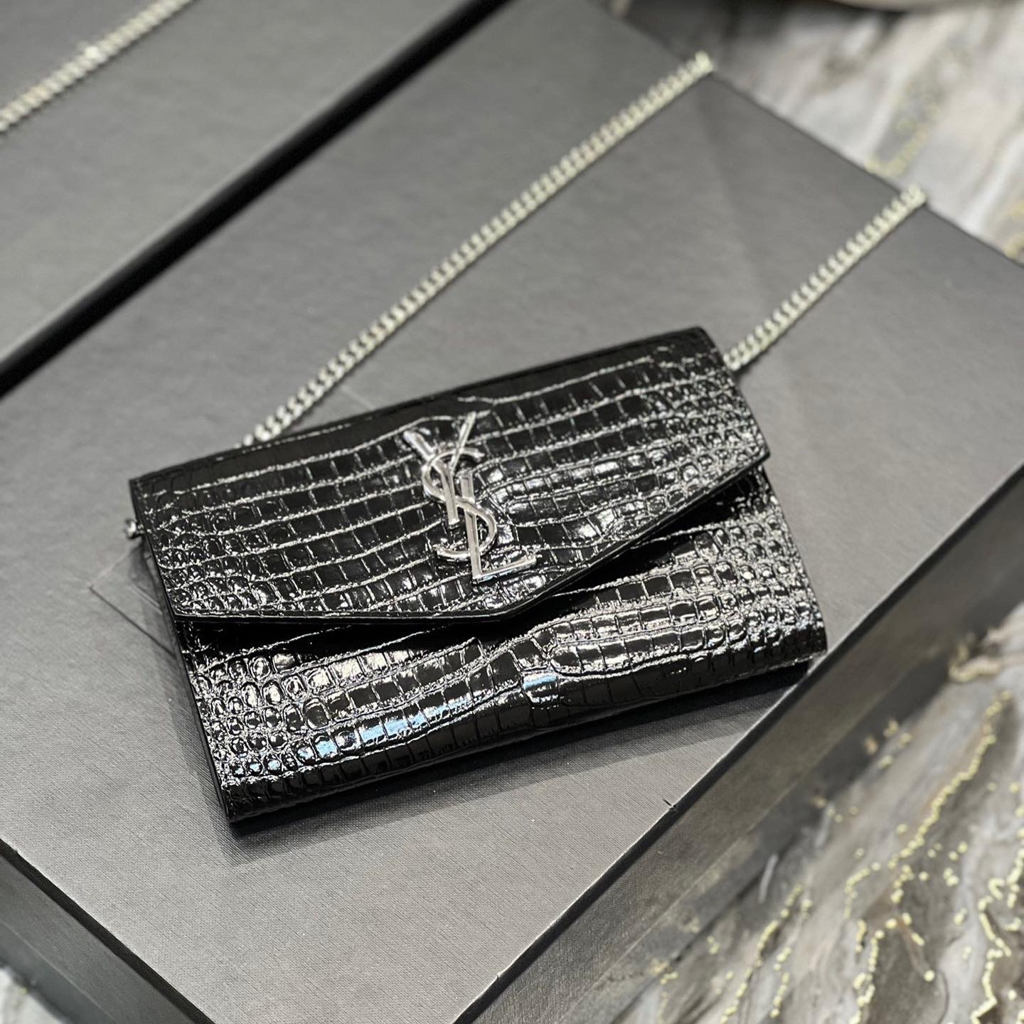 UPTOWN CHAIN WALLET IN CROCODILE-EMBOSSED SHINY LEATHER - Handbags - YSL - Luxury Brands Bags - Image 6