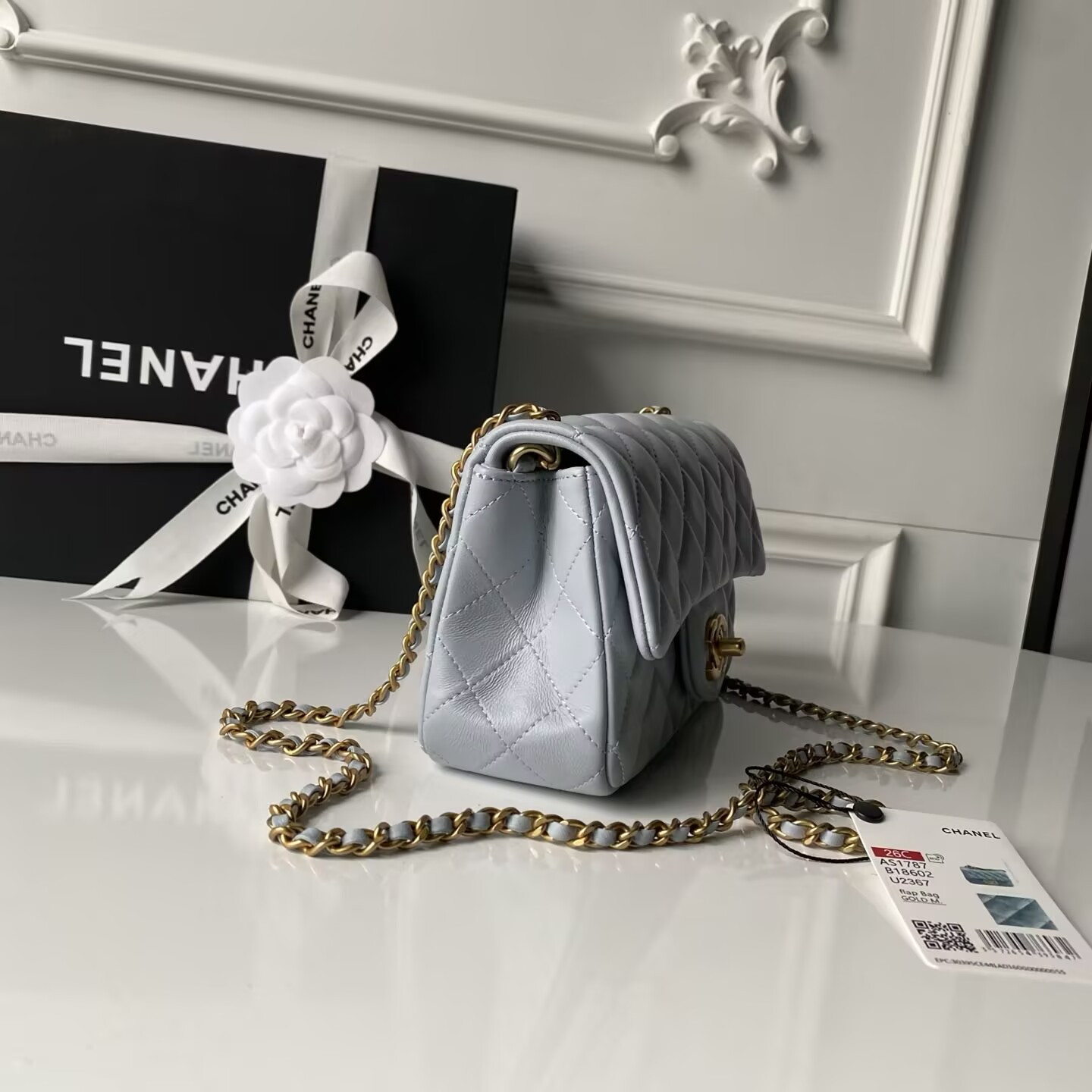 CHANEL MINI FLAP BAG SHINY CALFSKIN gold-TONE METAL gray 4.7 × 7.8 × 2.3 in - Image 5