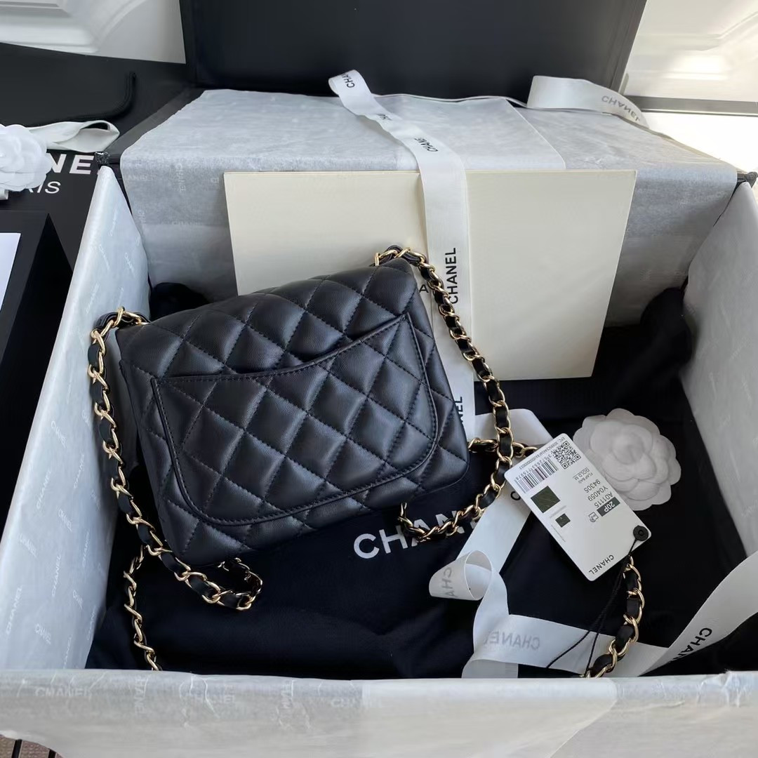 Chanel Mini Classic Handbag Lambskin Gold-Tone Metal Black 5.3 × 6.6 × 3.1 in - Image 3