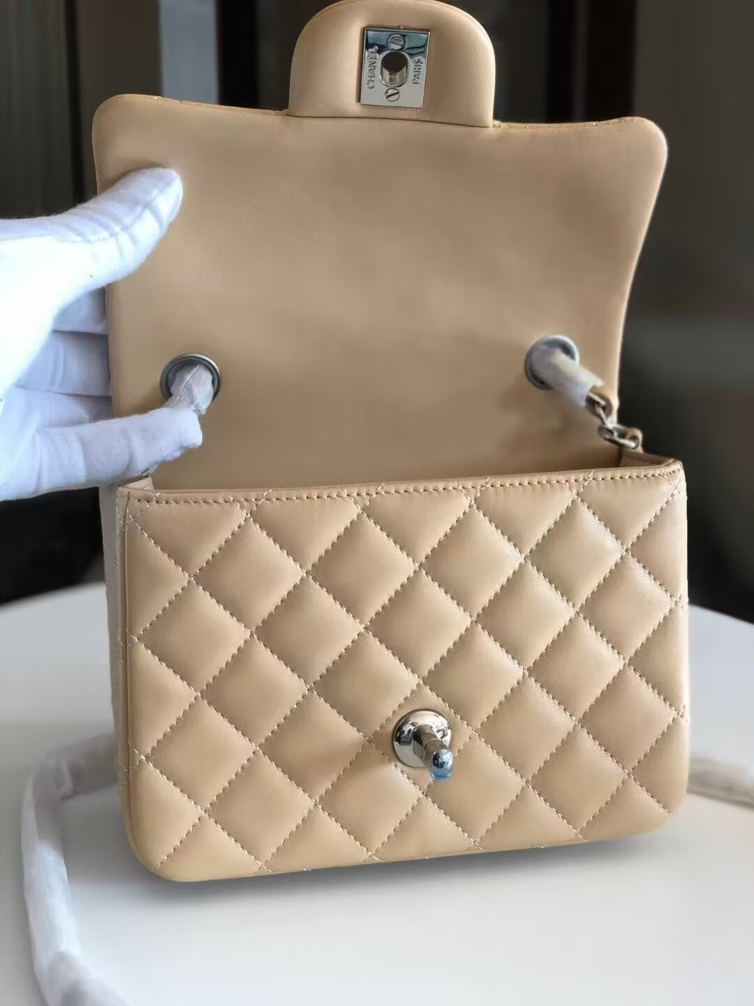 Chanel Mini Classic Handbag Lambskin Silver-Tone Metal 13.5x 17x8cm - Image 10
