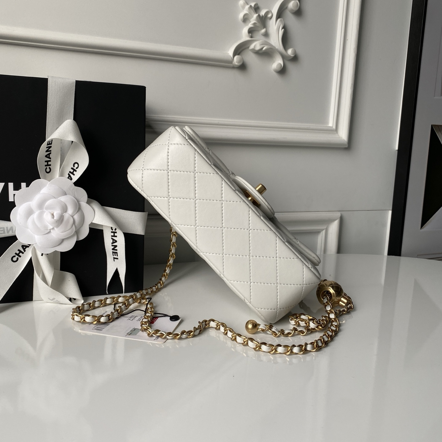 CHANEL MINI FLAP BAG SHINY CALFSKIN gold-TONE METAL white 4.7 × 7.8 × 2.3 in - Image 5