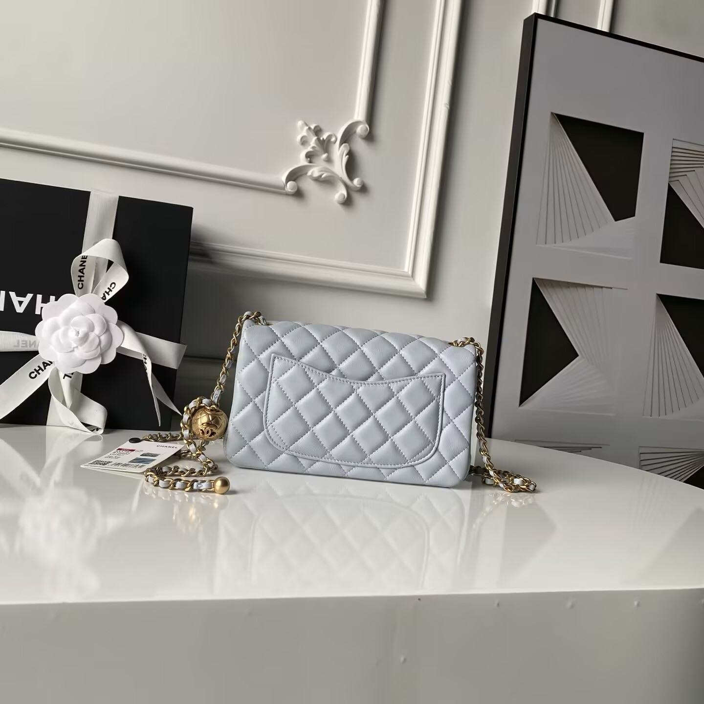 CHANEL MINI FLAP BAG SHINY CALFSKIN gold-TONE METAL gray 4.7 × 7.8 × 2.3 in - Image 3