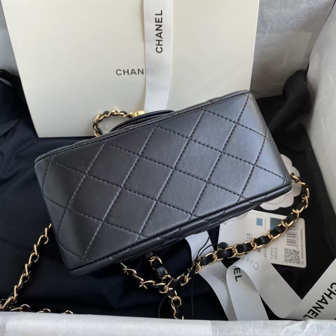 Chanel Mini Classic Handbag Lambskin Gold-Tone Metal Black 5.3 × 6.6 × 3.1 in - Image 4