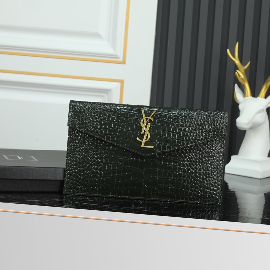 YSL UPTOWN POUCH IN CROCODILE-EMBOSSED SHINY LEATHER green 10.6 X 6.2 X 0.7 INCHES - Image 2