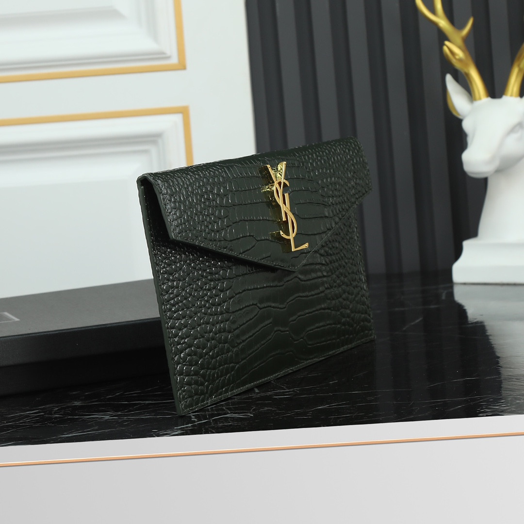 YSL UPTOWN POUCH IN CROCODILE-EMBOSSED SHINY LEATHER green 10.6 X 6.2 X 0.7 INCHES - Image 3