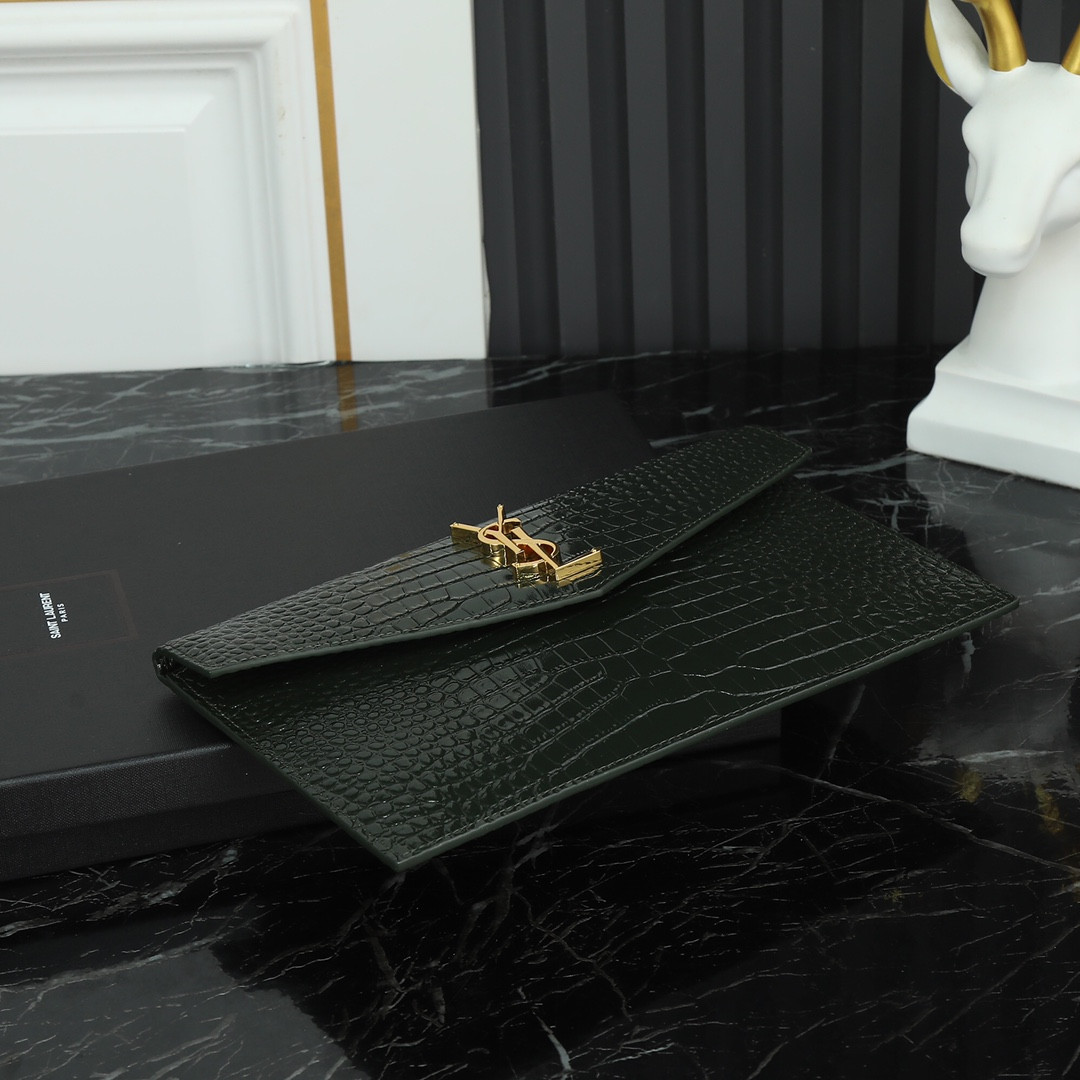 YSL UPTOWN POUCH IN CROCODILE-EMBOSSED SHINY LEATHER green 10.6 X 6.2 X 0.7 INCHES - Image 5
