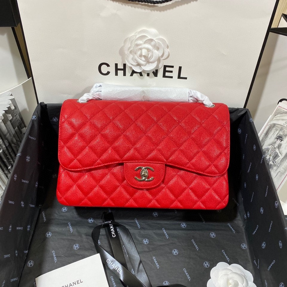 Chanel Classic Flap Jumbo 30cm CF Red Silver