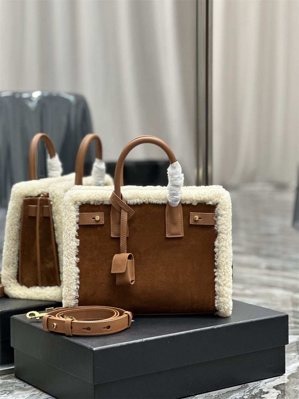 YSL SAC DE JOUR SUPPLE BABY IN SUEDE AND SHEARLING DARK CIGAR AND NATURAL BEIGE