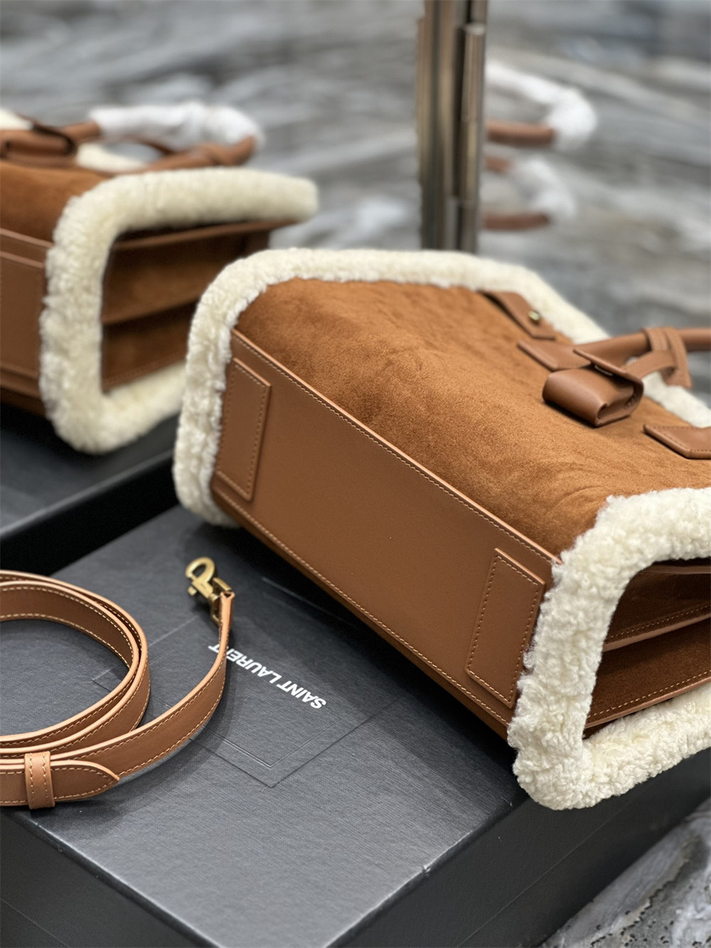 YSL SAC DE JOUR SUPPLE SAMLL IN SUEDE AND SHEARLING DARK CIGAR AND NATURAL BEIGE - Image 9