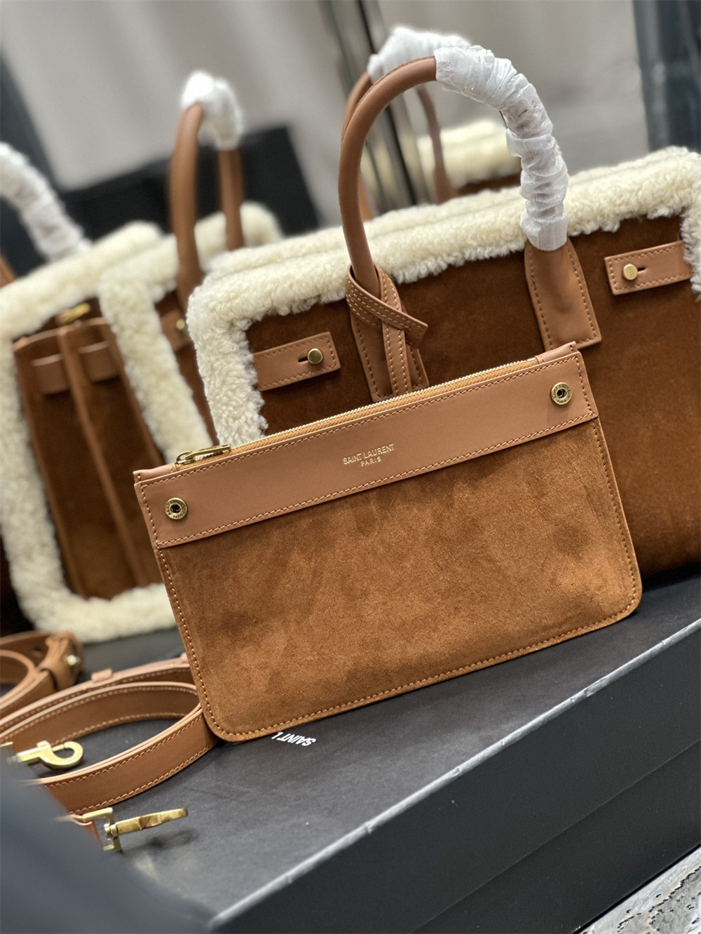 YSL SAC DE JOUR SUPPLE SAMLL IN SUEDE AND SHEARLING DARK CIGAR AND NATURAL BEIGE - Image 10