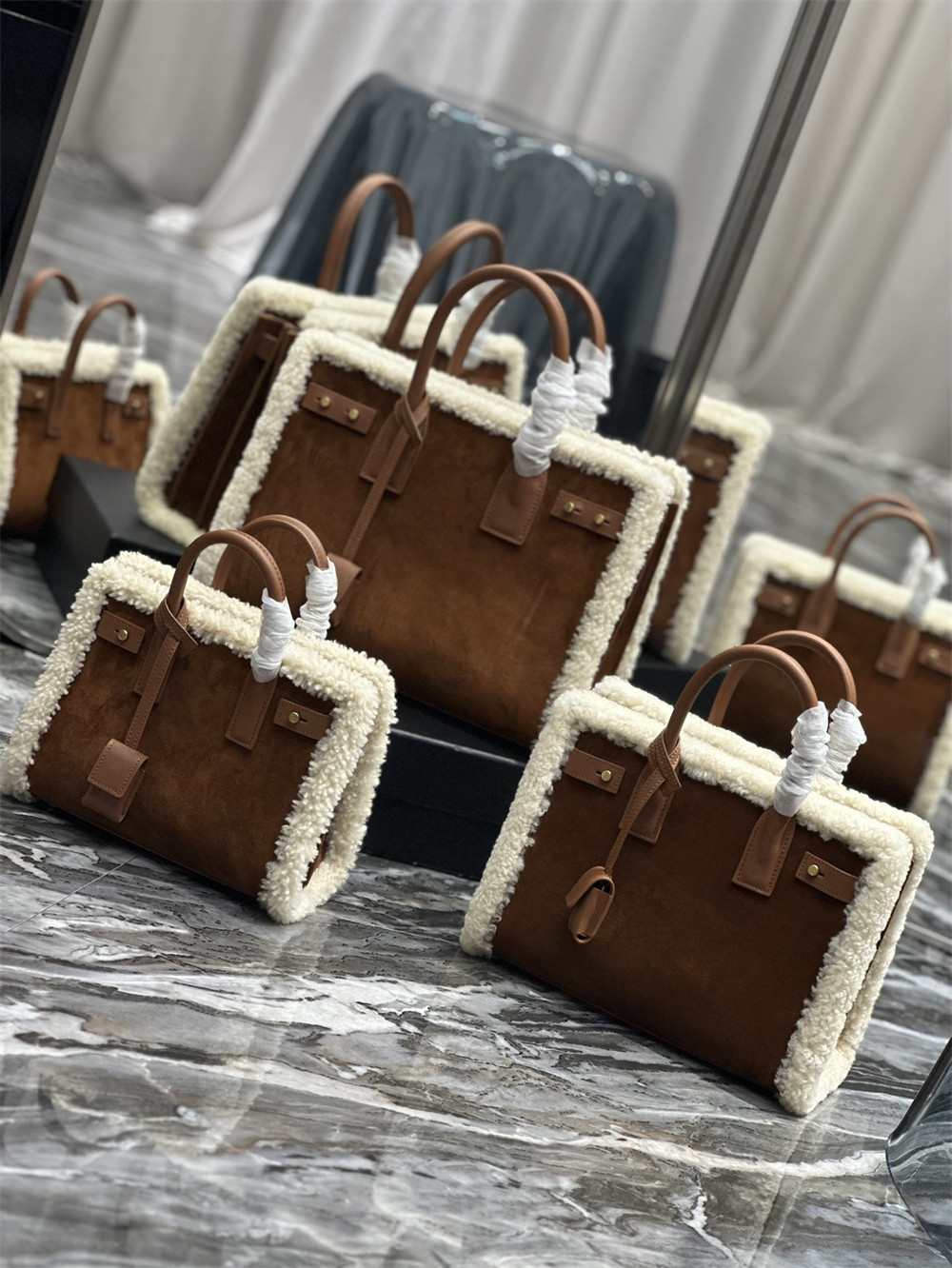 YSL SAC DE JOUR SUPPLE SAMLL IN SUEDE AND SHEARLING DARK CIGAR AND NATURAL BEIGE - Image 11