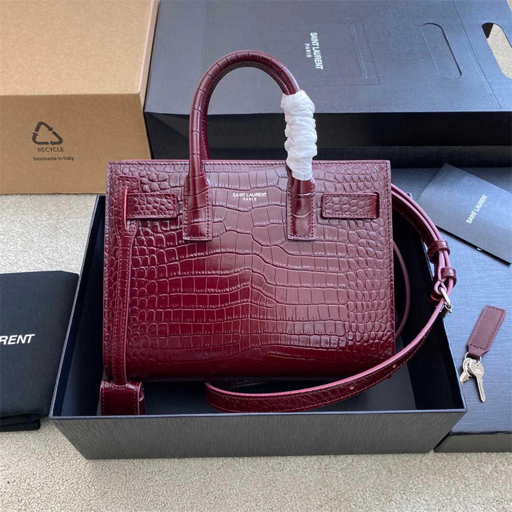 YSL SAC DE JOUR NANO IN CROCODILE EMBOSSED LEATHER ROUGE LEGION 8.6 X 6.8 X 3.5 INCHES