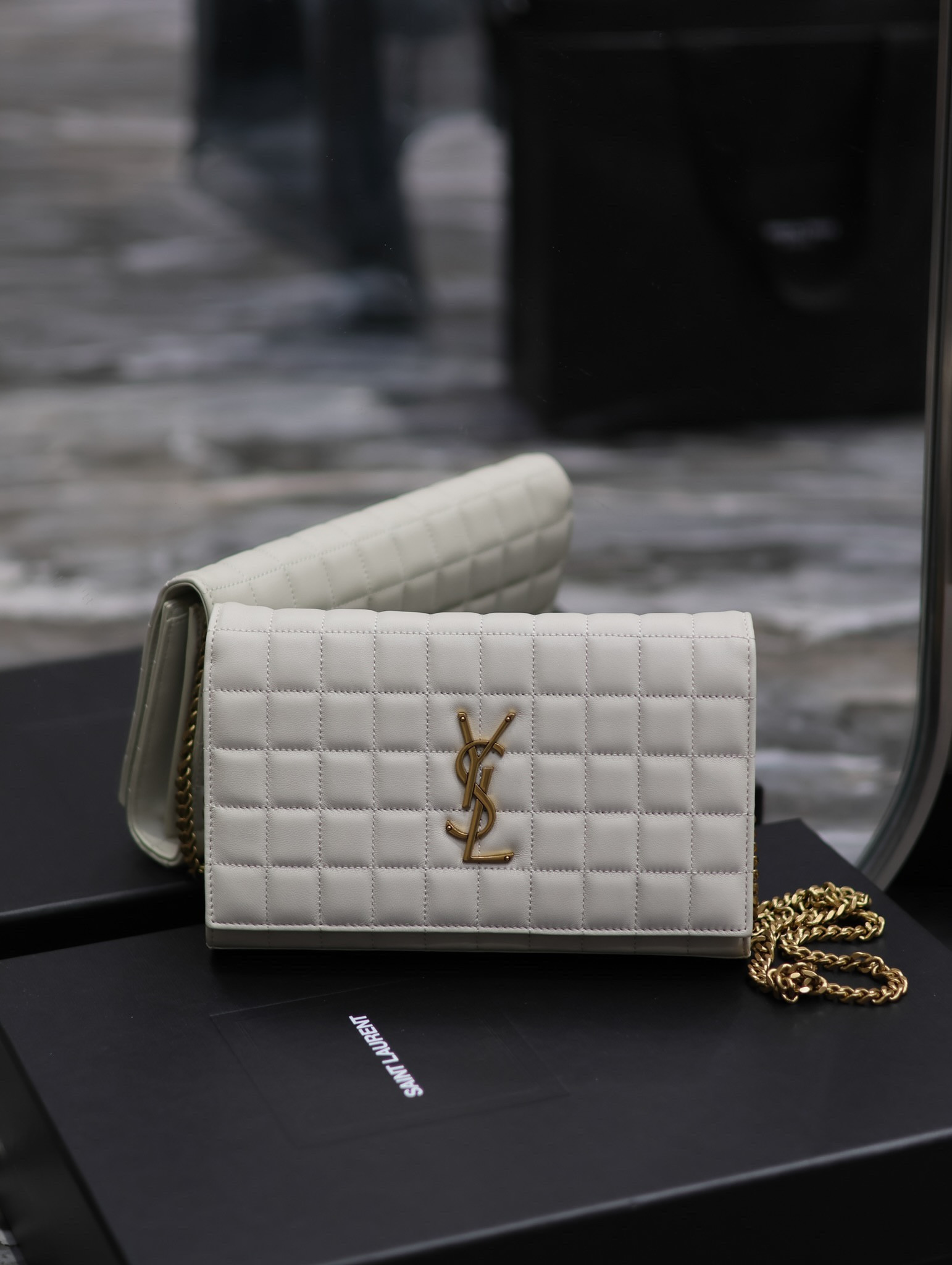 YSL CASSANDRE CHAIN WALLET WHITE