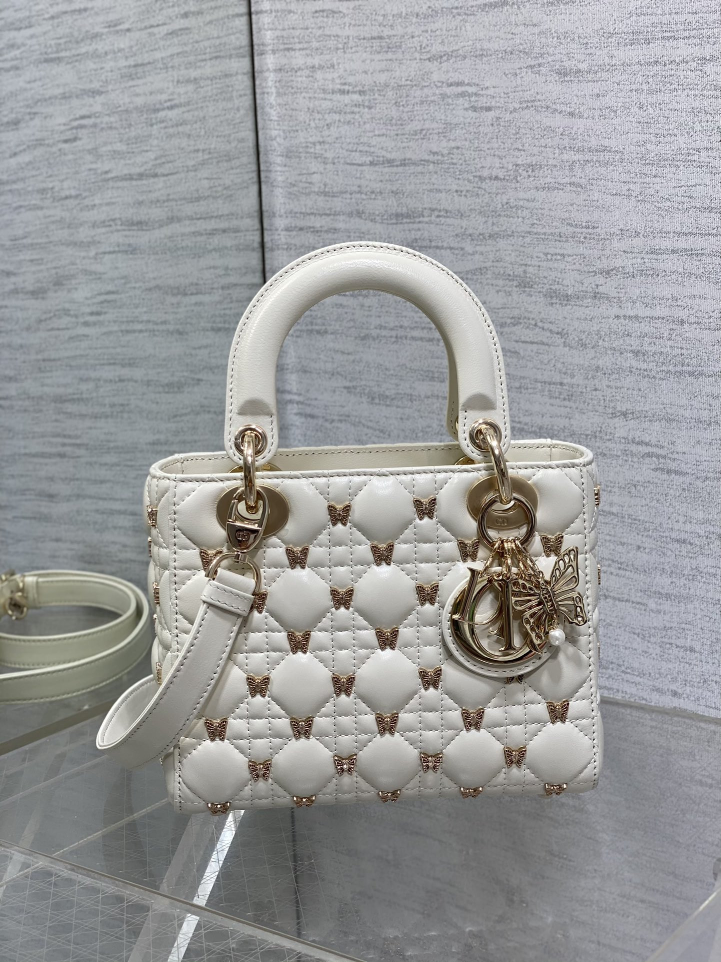 SMALL LADY DIOR White with Butterfly Studs - Image 2