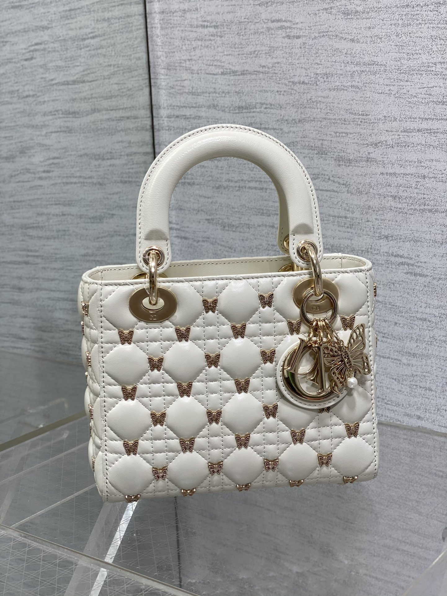 SMALL LADY DIOR White with Butterfly Studs - Image 3