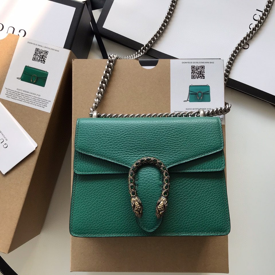 GUCCI DIONYSUS LEATHER MINI BAG GREEN 7.5"Wx6"Hx2