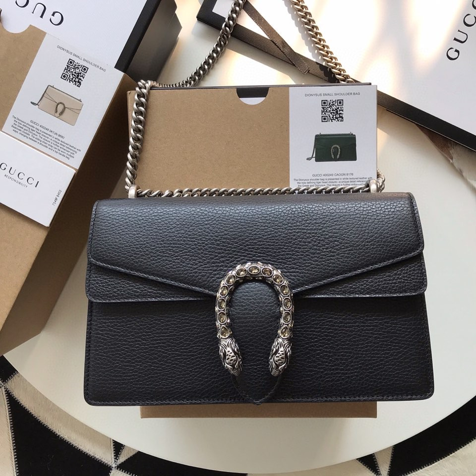 GUCCI DIONYSUS LEATHER SMALL RECTANGULAR BAG BLACK 28x17x9cm