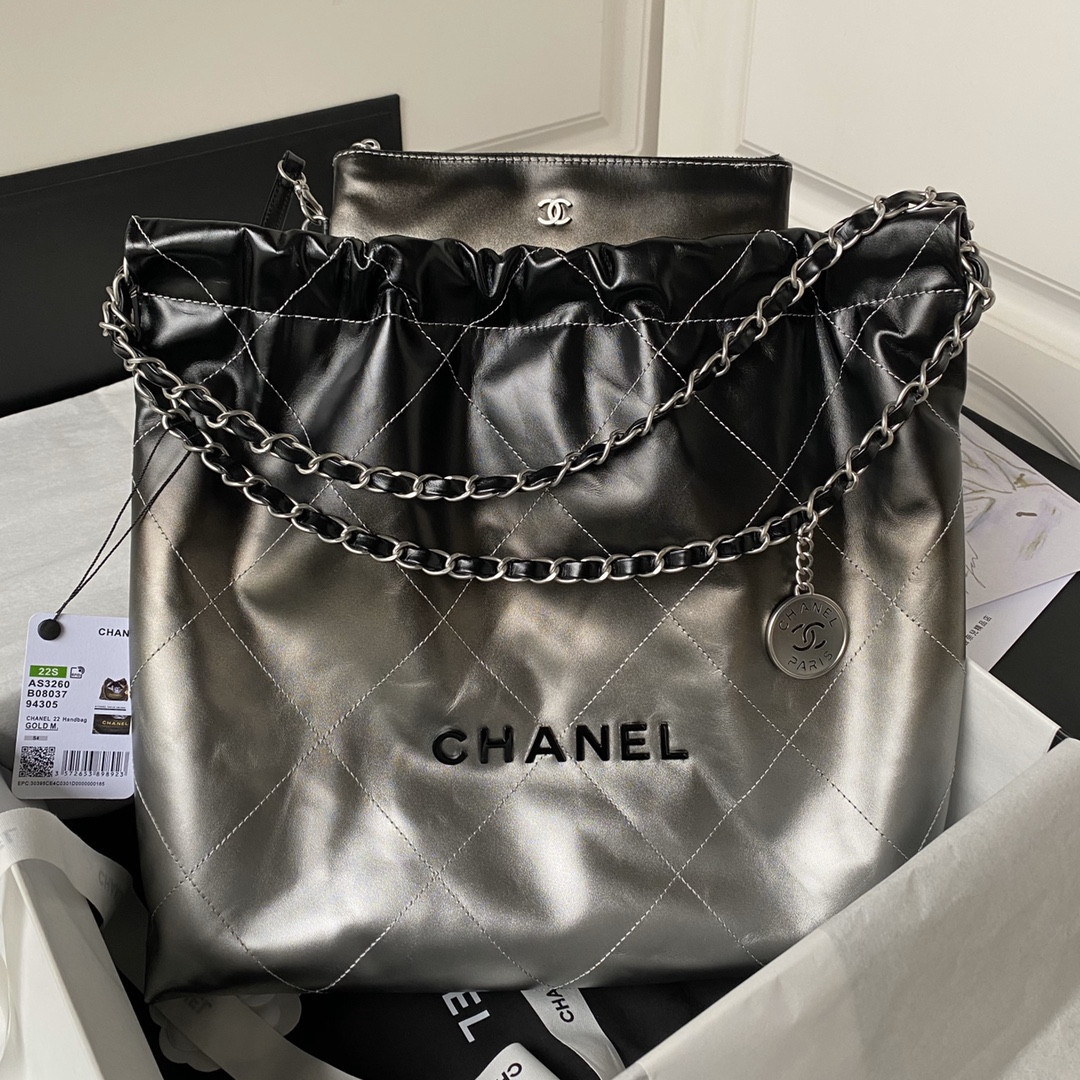 CHANEL 22 HANDBAG Shiny Calfskin SILVER 15.21*16.38*3.12 in