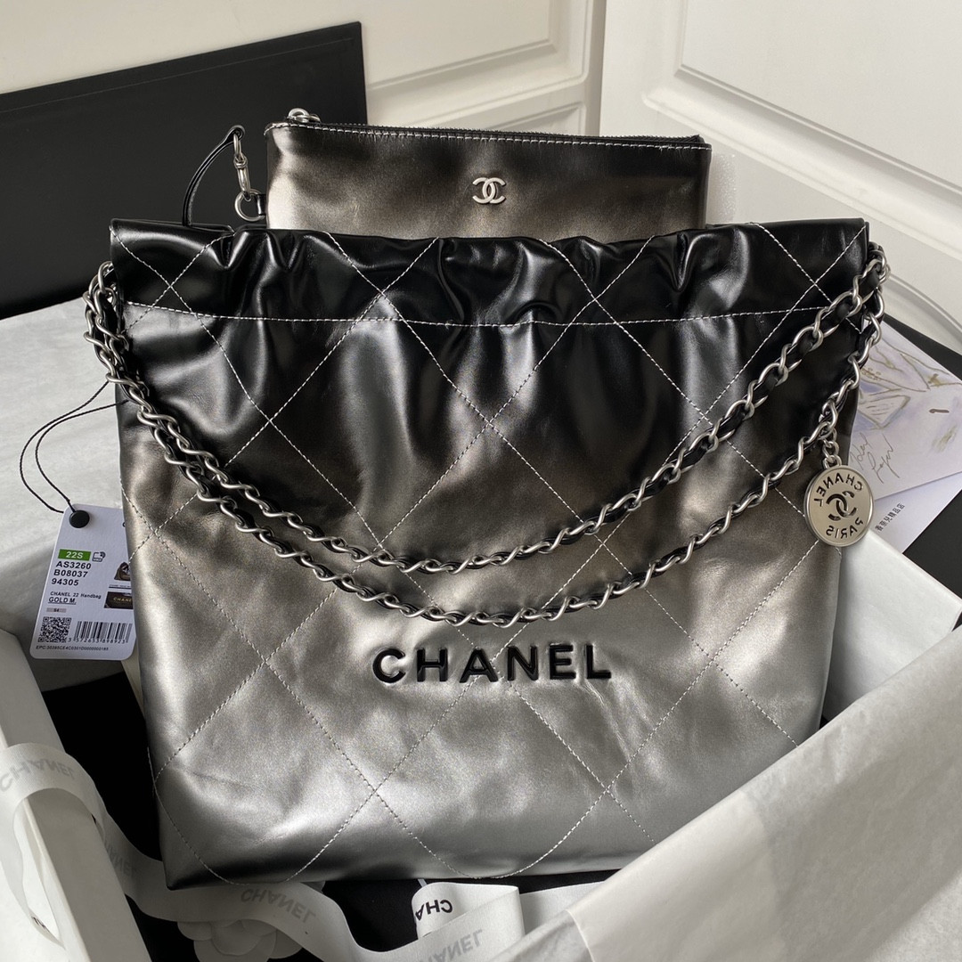 CHANEL 22 SMALL HANDBAG Shiny Calfskin SILVER 13.7*14.4*2.7 in - Image 2